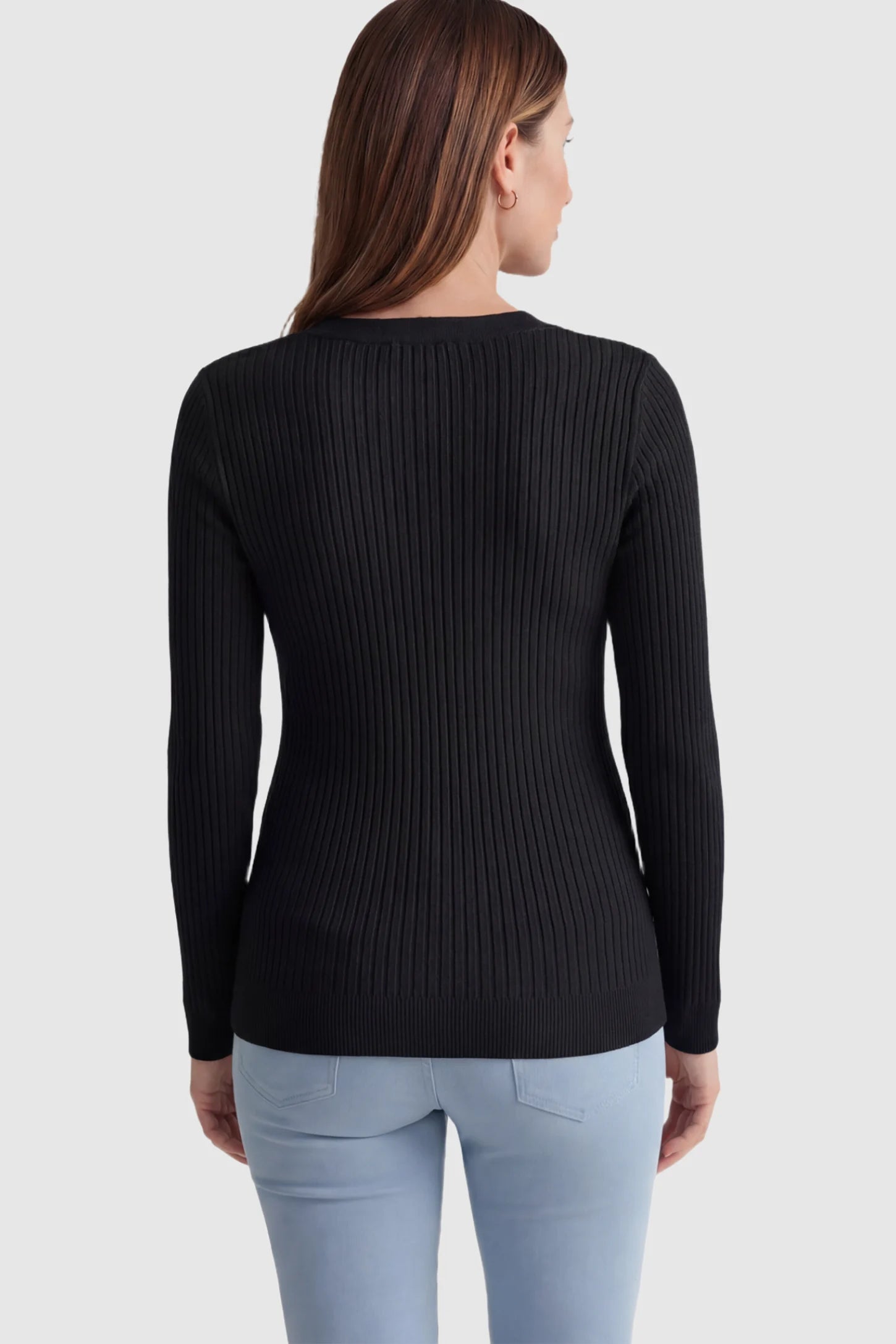 Ribbed Long Sleeve Maternity Henley Top Ribbed Maternity Henley Top in Black featuring a functional button placket and vertical rib knit on a pregnant model showing back.
