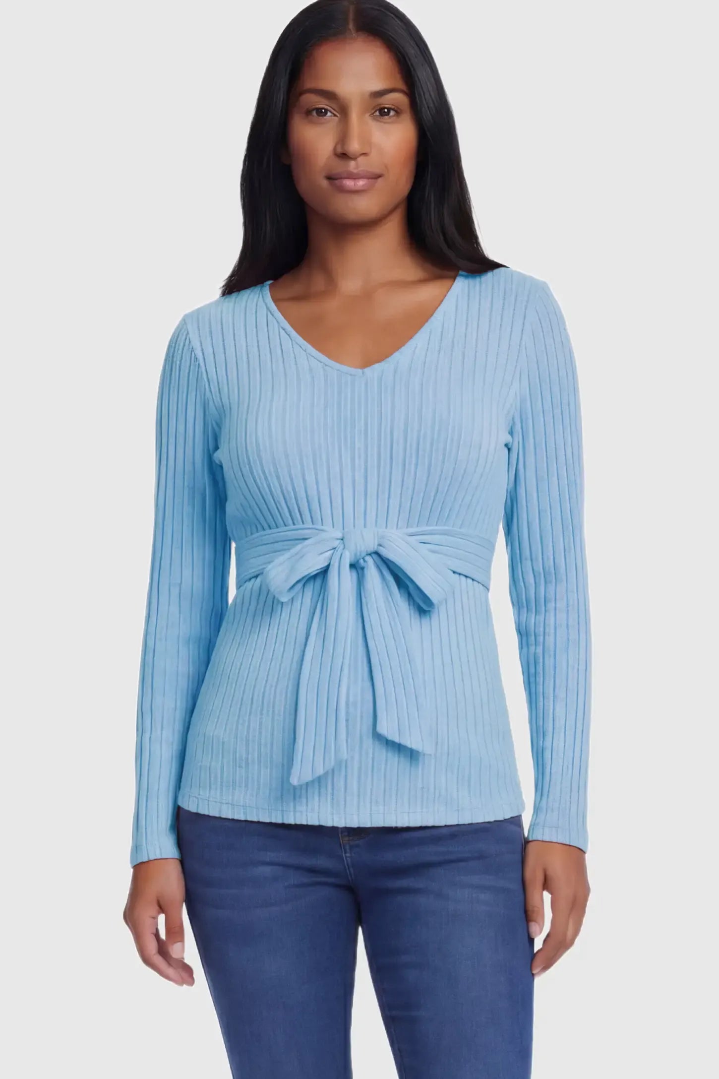 Ribbed Front Tie-Waist Long Sleeve Maternity Top Ribbed Front Tie-Waist Long Sleeve Maternity Top in blue featuring a stretch knit fabric on a non pregnant model.
