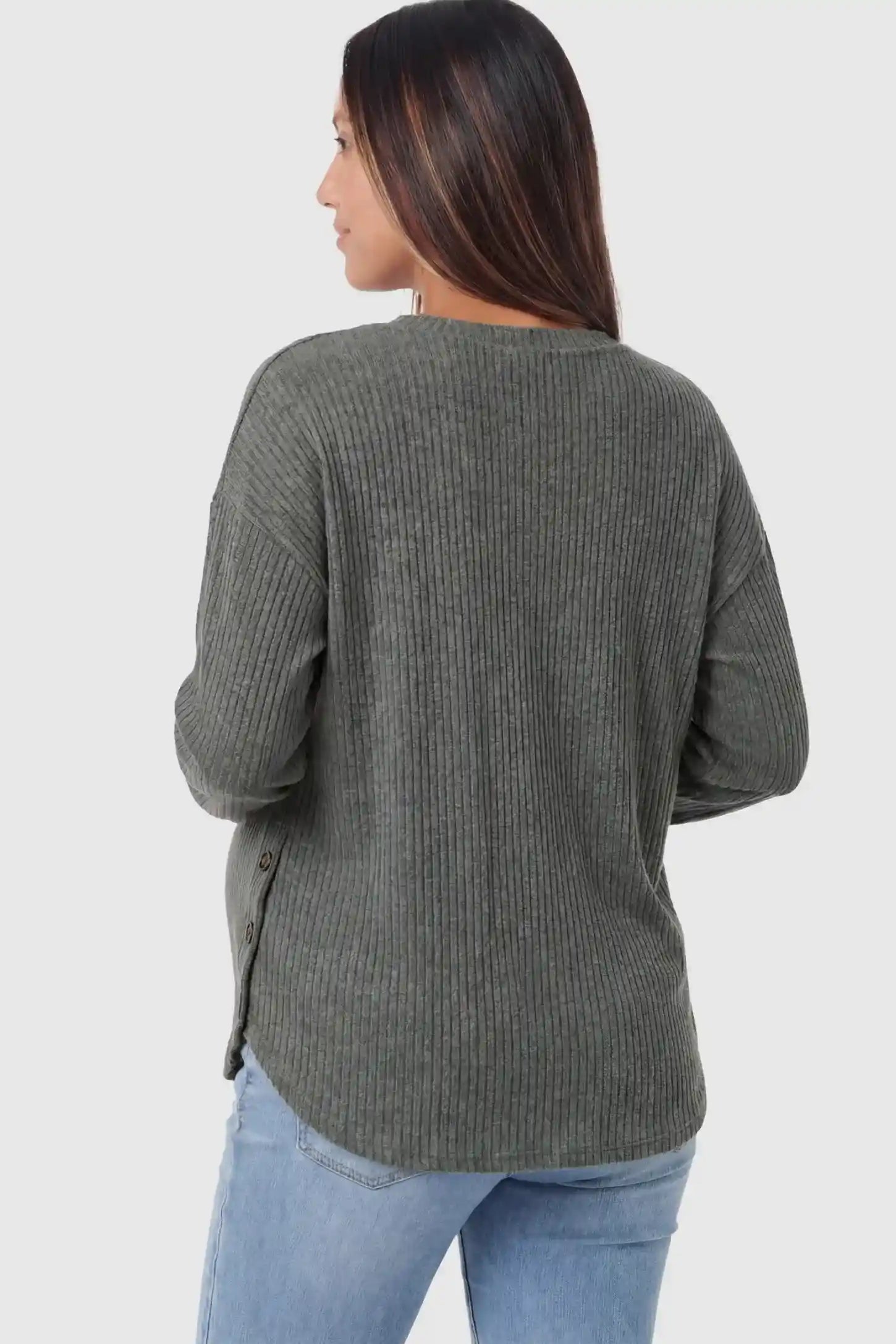 Ribbed Long Sleeve Maternity Nursing Top Ribbed Long Sleeve Maternity Nursing Top in Gray featuring a high-stretch vertical rib knit on a model.