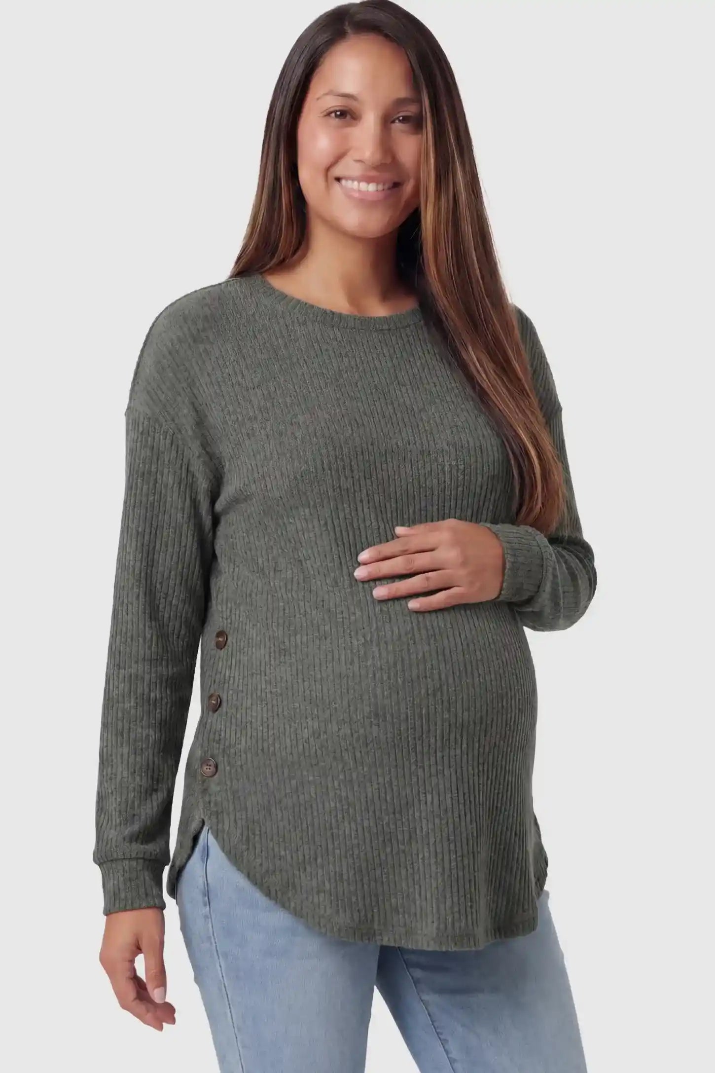Ribbed Long Sleeve Maternity Nursing Top Ribbed Long Sleeve Maternity Nursing Top in Gray featuring functional side buttons on a pregnant model.