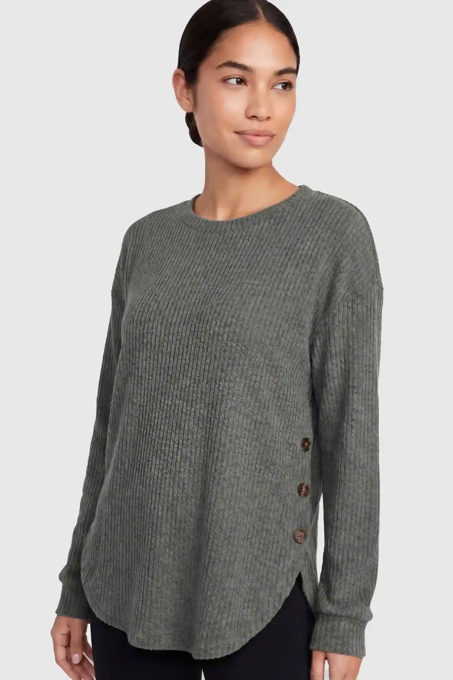 Ribbed Long Sleeve Maternity Nursing Top Ribbed Long Sleeve Maternity Nursing Top in Gray featuring functional side buttons on a non pregnant model.