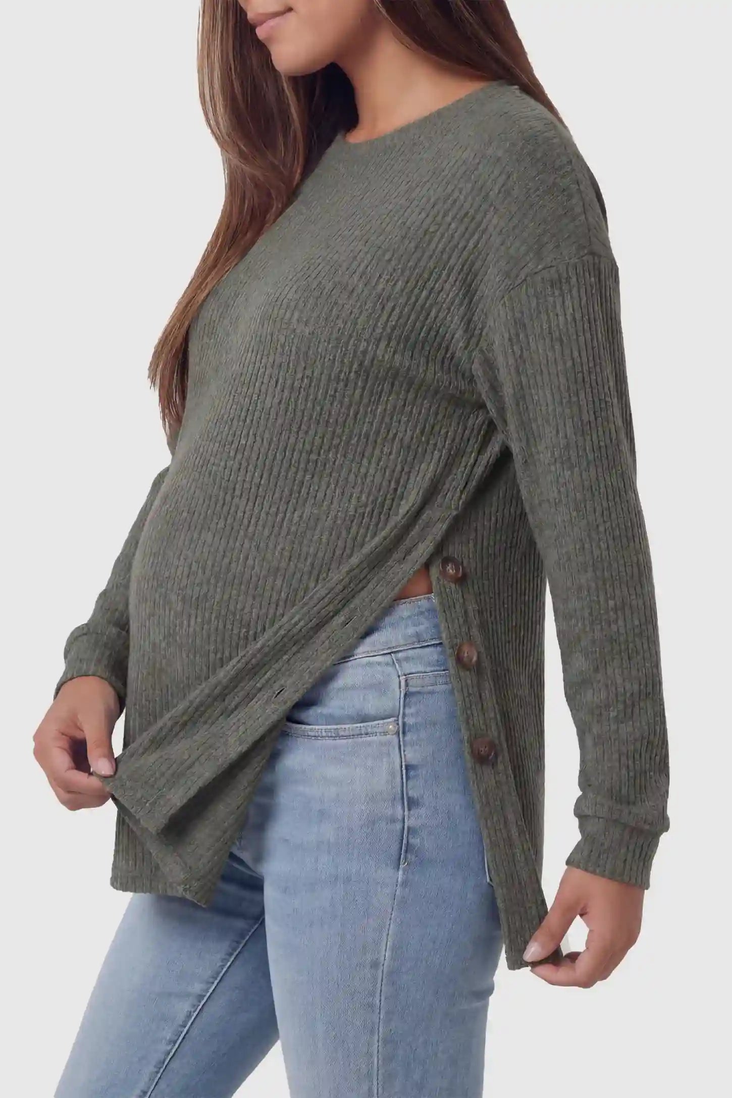 Ribbed Long Sleeve Maternity Nursing Top Ribbed Long Sleeve Maternity Nursing Top in Gray featuring functional side buttons on a pregnant model.