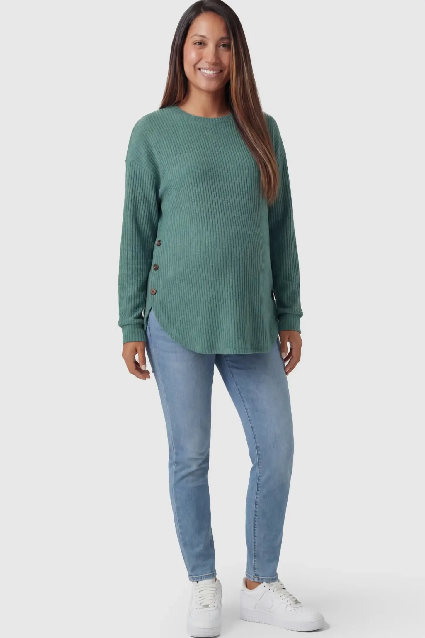 Ribbed Long Sleeve Maternity Nursing Top Ribbed Long Sleeve Maternity Nursing Top in Green featuring functional side buttons on a pregnant model.