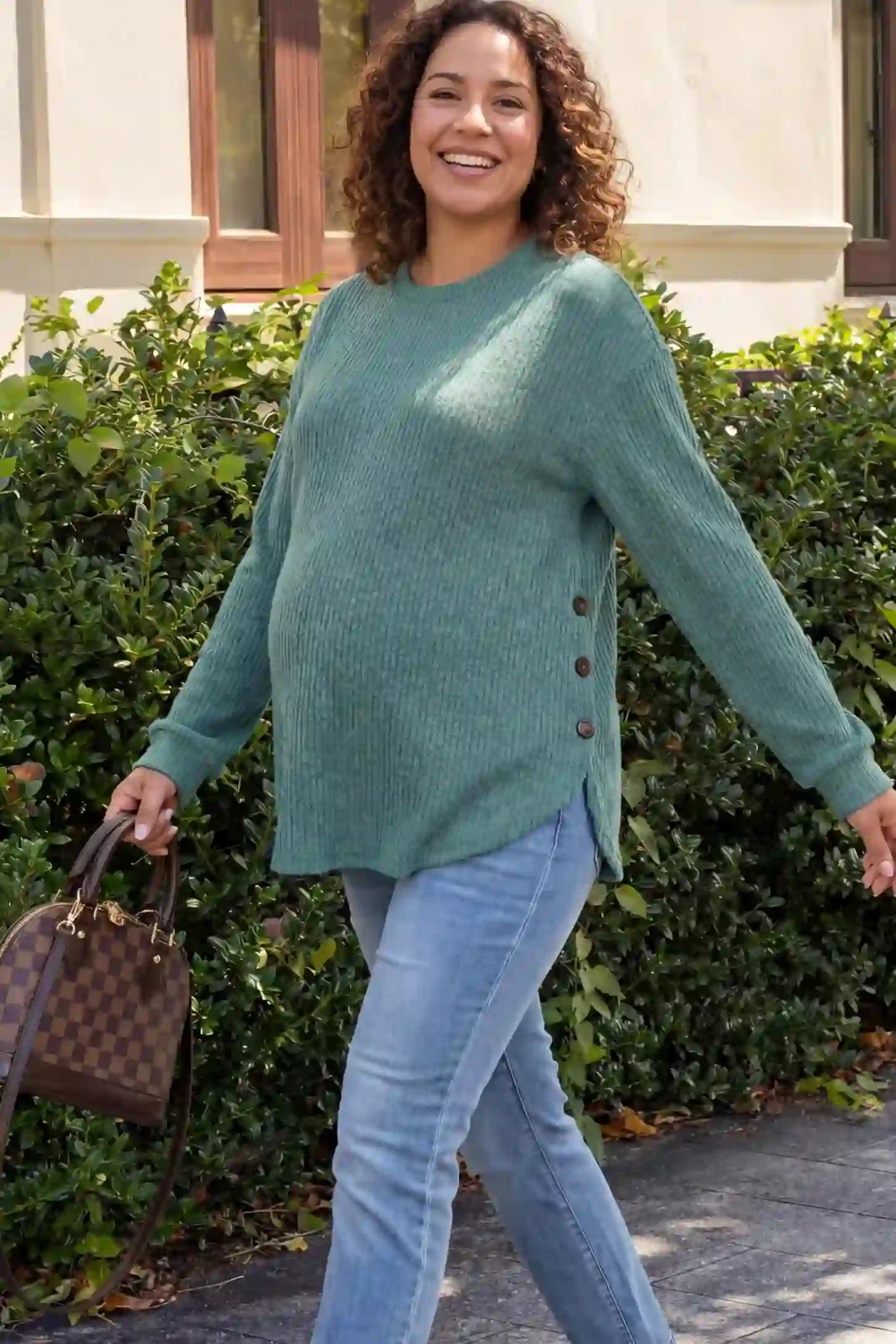 Ribbed Long Sleeve Maternity Nursing Top Ribbed Long Sleeve Maternity Nursing Top in Green featuring functional side buttons on a pregnant model.