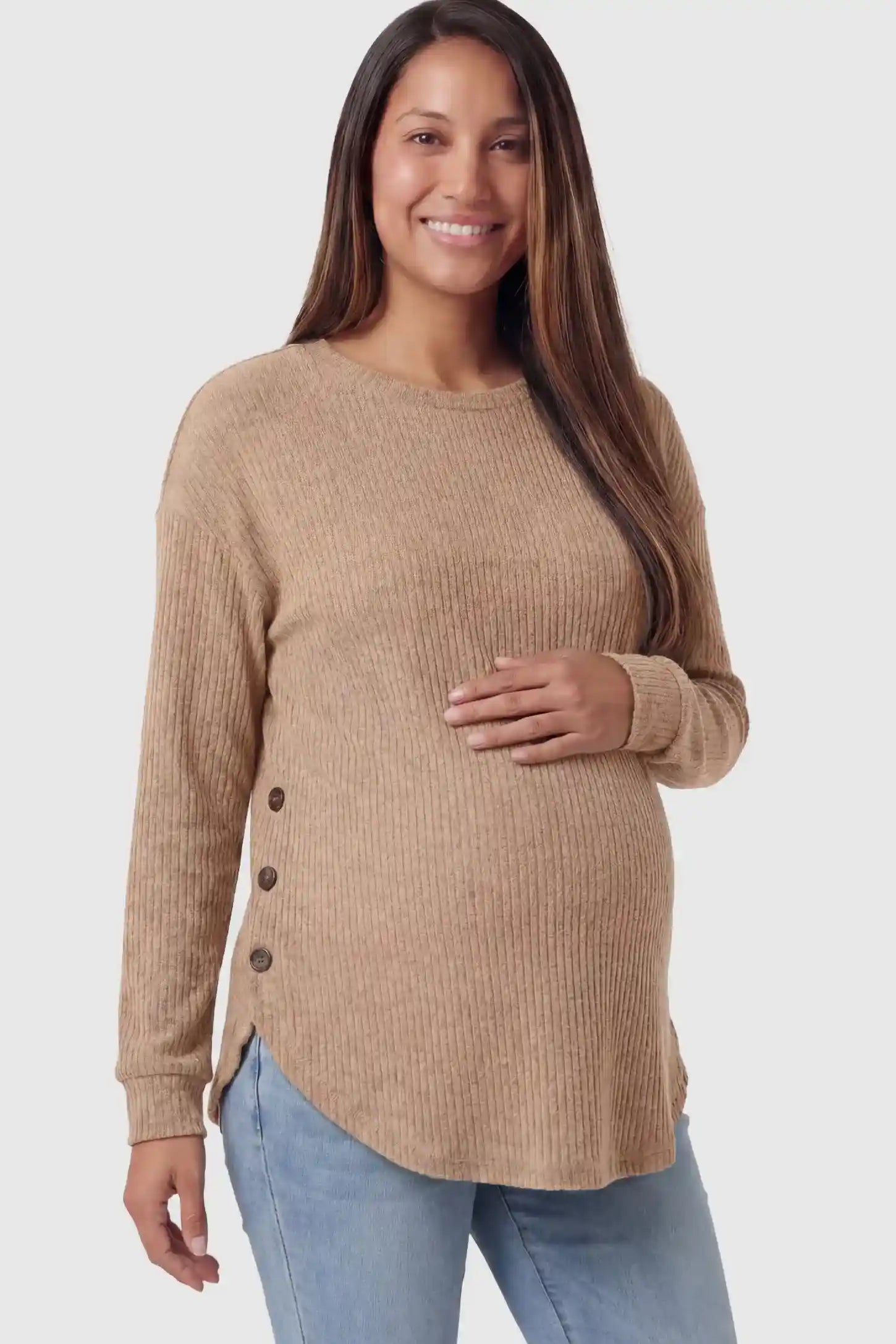 Ribbed Long Sleeve Maternity Nursing Top Ribbed Long Sleeve Maternity Nursing Top in Khaki featuring functional side buttons on a pregnant model.