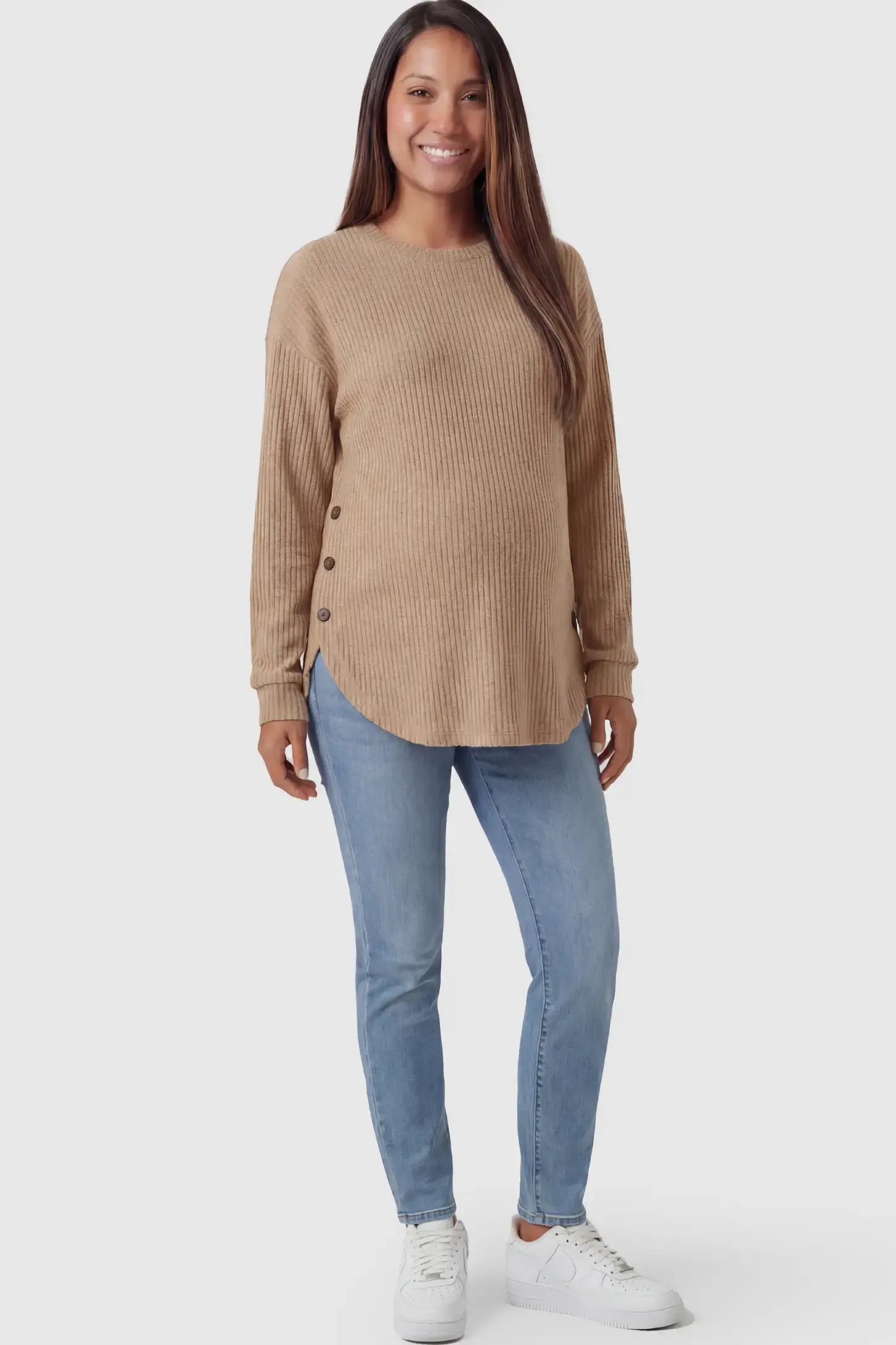 Ribbed Long Sleeve Maternity Nursing Top Ribbed Long Sleeve Maternity Nursing Top in Khaki featuring functional side buttons on a pregnant model.
