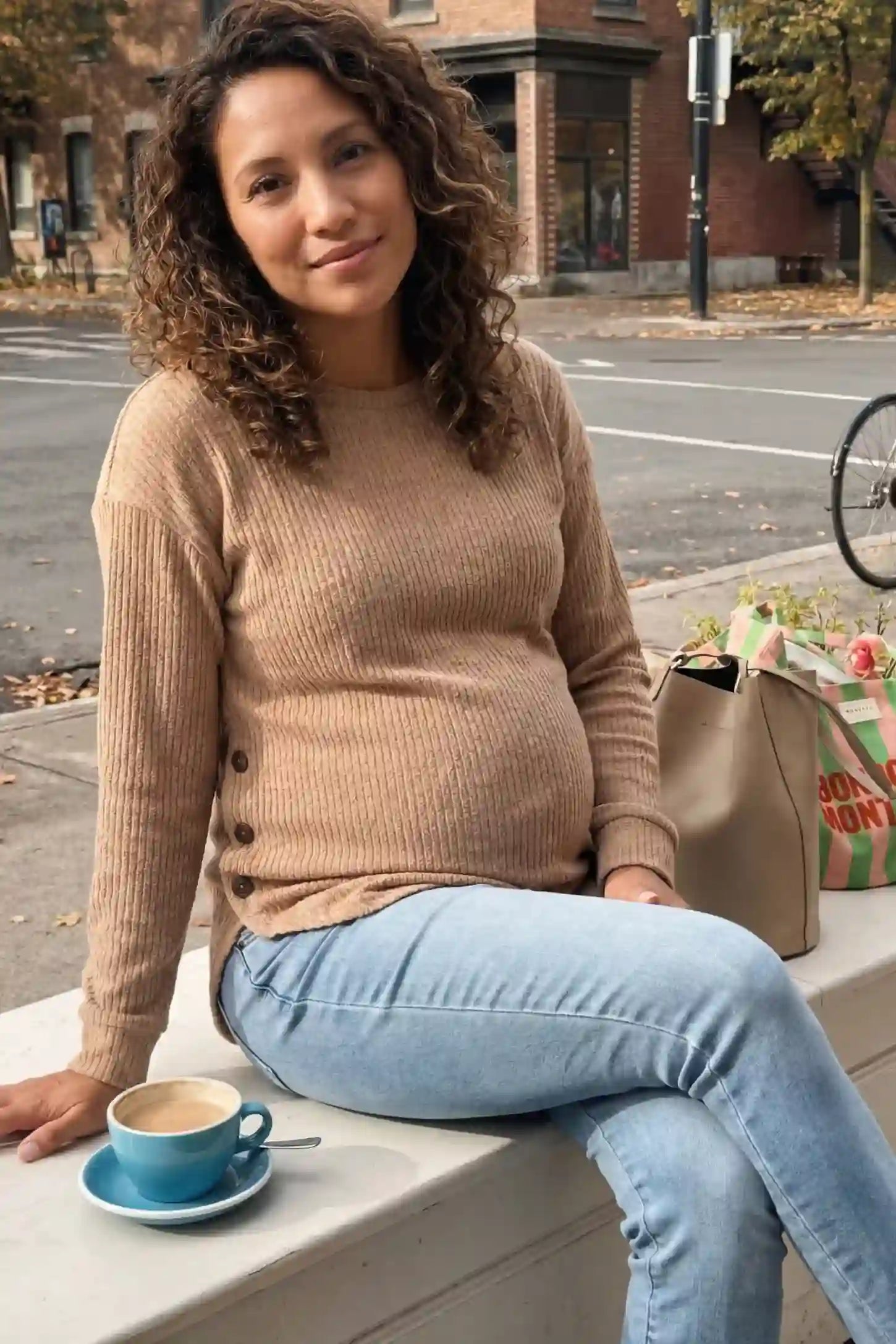 Ribbed Long Sleeve Maternity Nursing Top Ribbed Long Sleeve Maternity Nursing Top in Khaki featuring functional side buttons on a pregnant model.