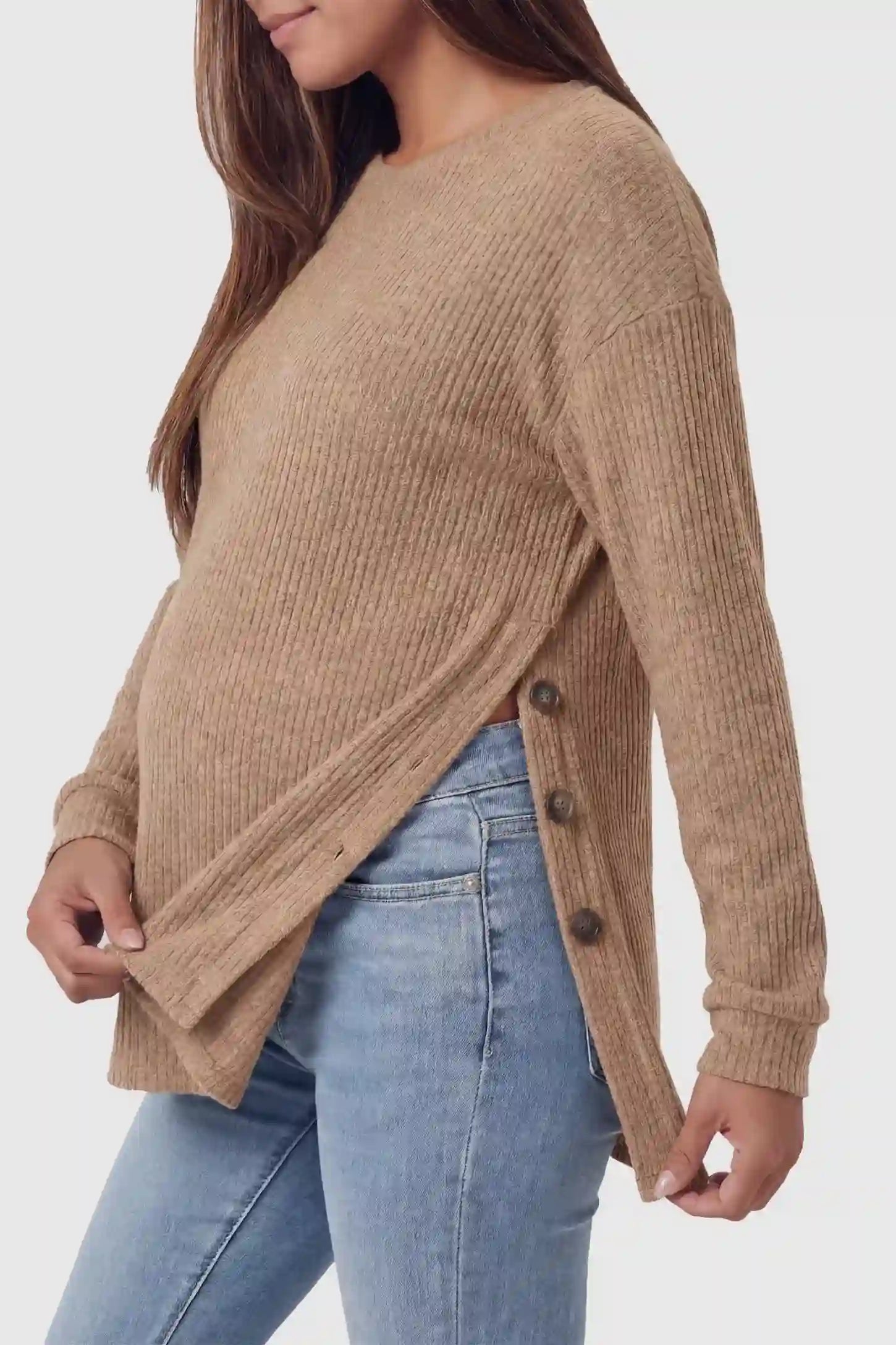 Ribbed Long Sleeve Maternity Nursing Top Ribbed Long Sleeve Maternity Nursing Top in Khaki featuring functional side buttons on a pregnant model.