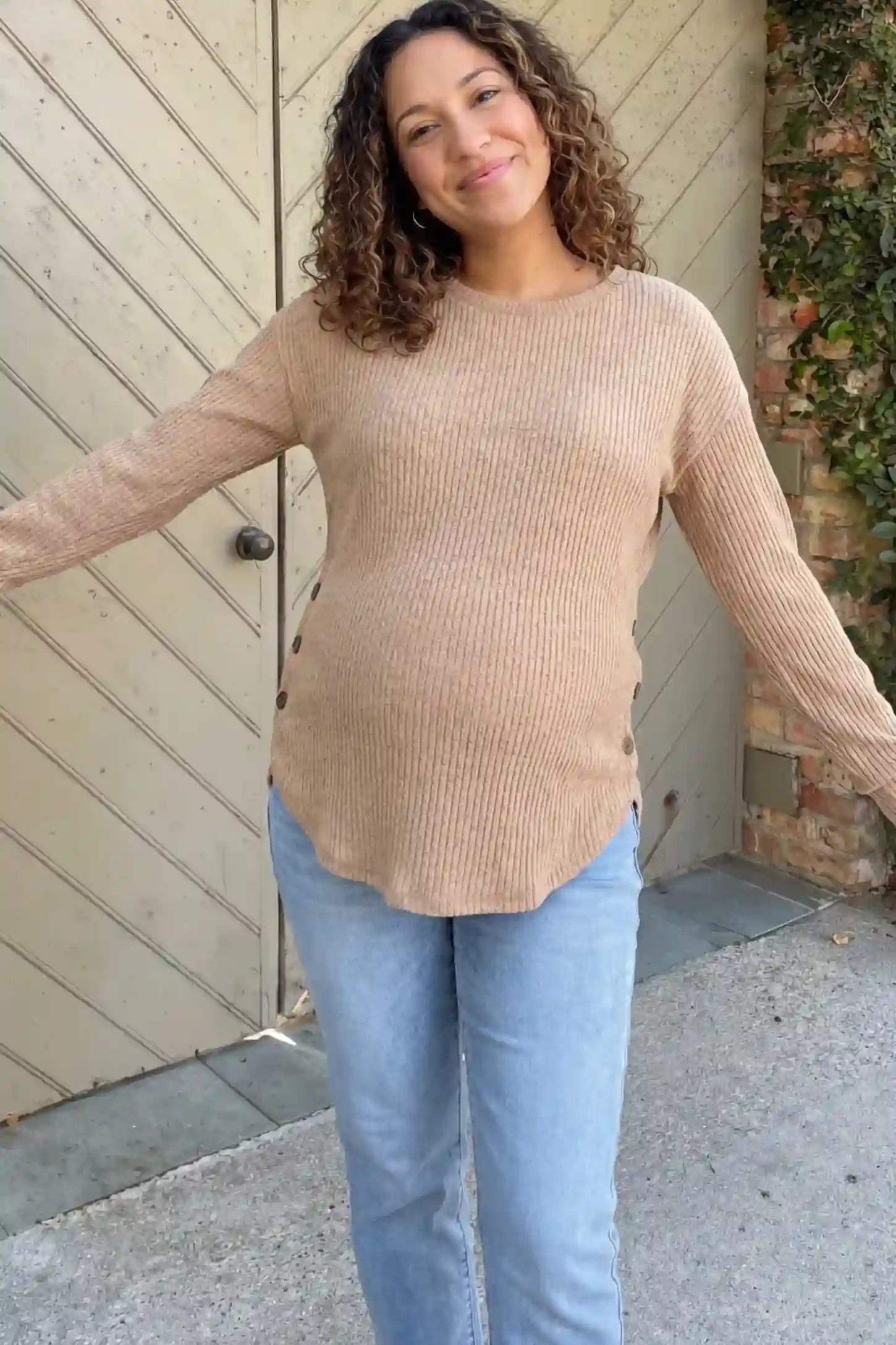 Ribbed Long Sleeve Maternity Nursing Top Ribbed Long Sleeve Maternity Nursing Top in Khaki featuring functional side buttons on a pregnant model.