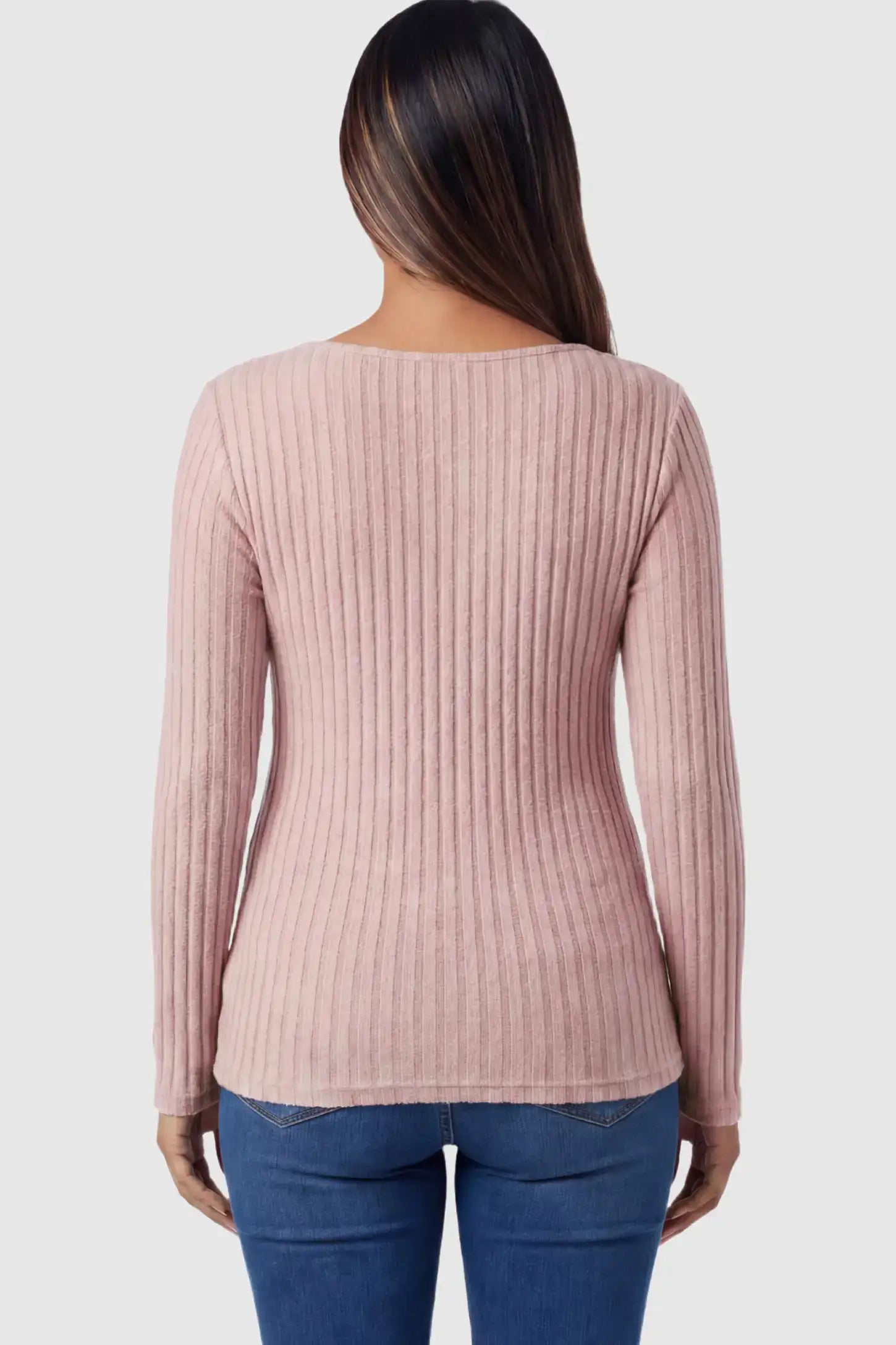 Ribbed Front Tie-Waist Long Sleeve Maternity Top Ribbed Front Tie-Waist Long Sleeve Maternity Top in pink featuring a stretch knit fabric on a pregnant model.