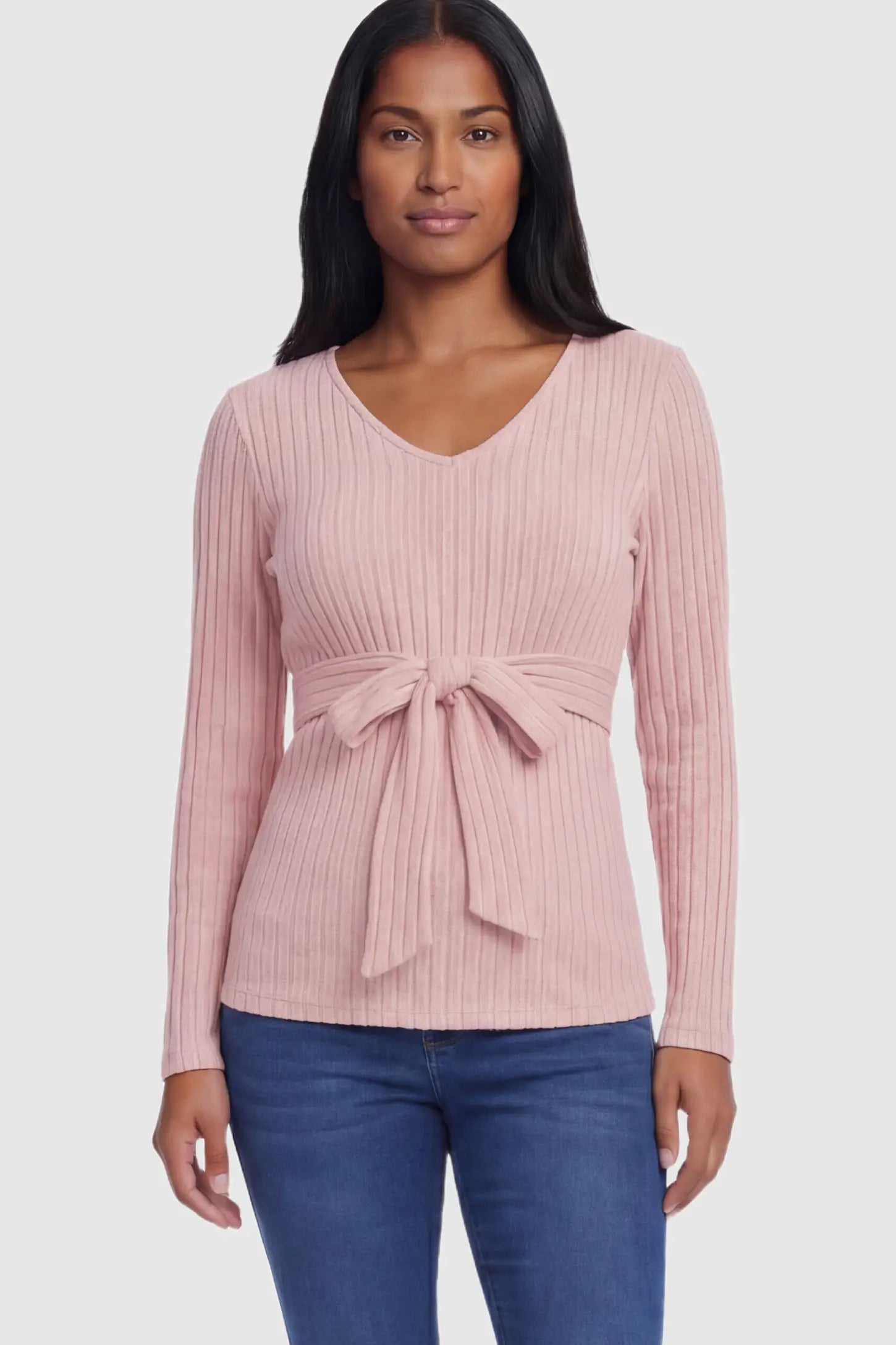 Ribbed Front Tie-Waist Long Sleeve Maternity Top Ribbed Front Tie-Waist Long Sleeve Maternity Top in pink featuring a stretch knit fabric on a non pregnant model.