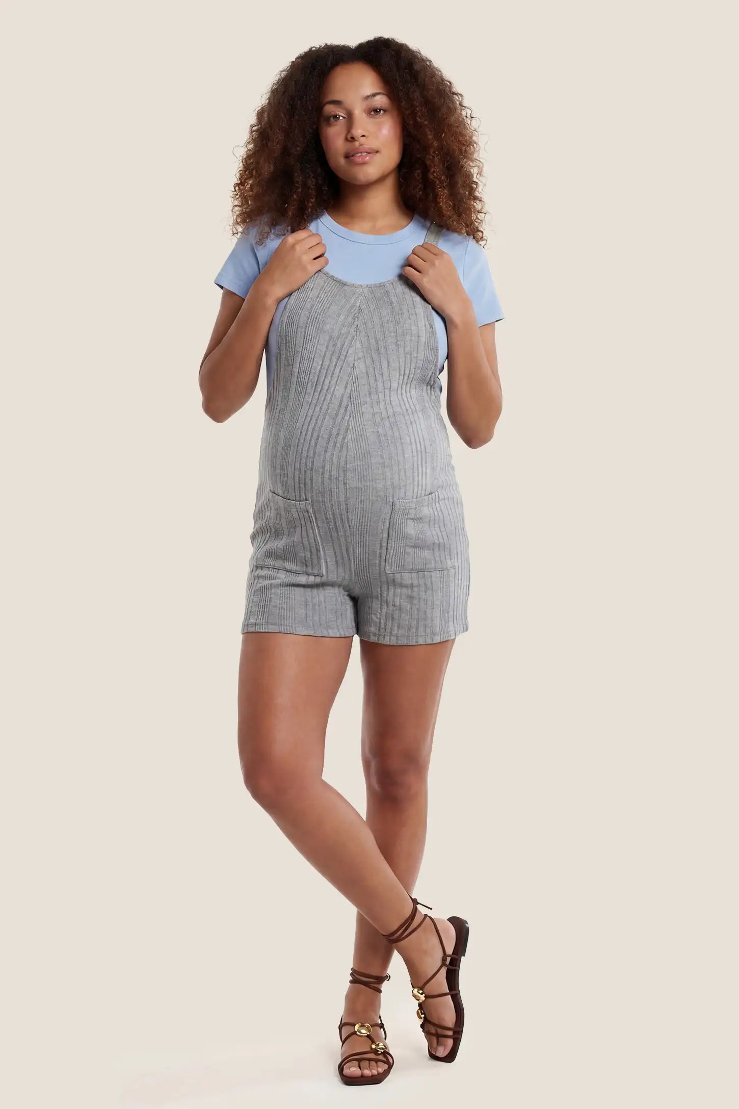 Ribbed Pocket Knit Maternity Romper Full body view of the gray Ribbed Pocket Knit Maternity Romper styled for everyday maternity wear.