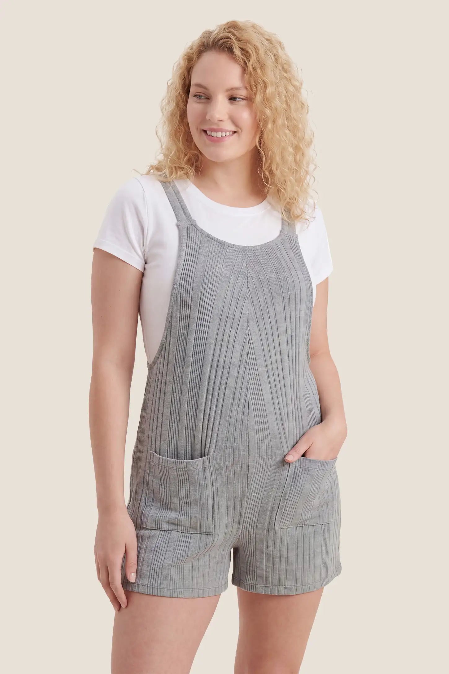 Ribbed Pocket Knit Maternity Romper Postpartum front view of the gray Ribbed Pocket Knit Maternity Romper with a relaxed and comfortable fit.