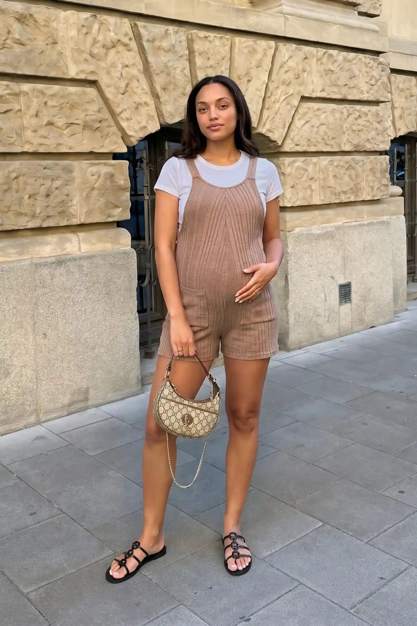 Ribbed Pocket Knit Maternity Romper Front lifestyle view of the khaki Ribbed Pocket Knit Maternity Romper styled for everyday maternity wear.

