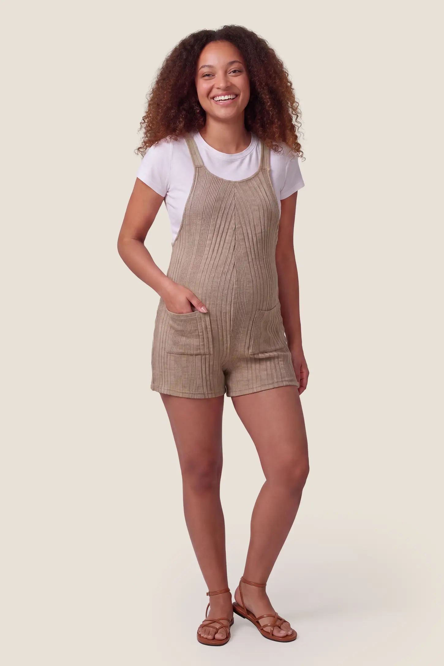 Ribbed Pocket Knit Maternity Romper Front lifestyle view of the khaki Ribbed Pocket Knit Maternity Romper styled for everyday maternity wear.