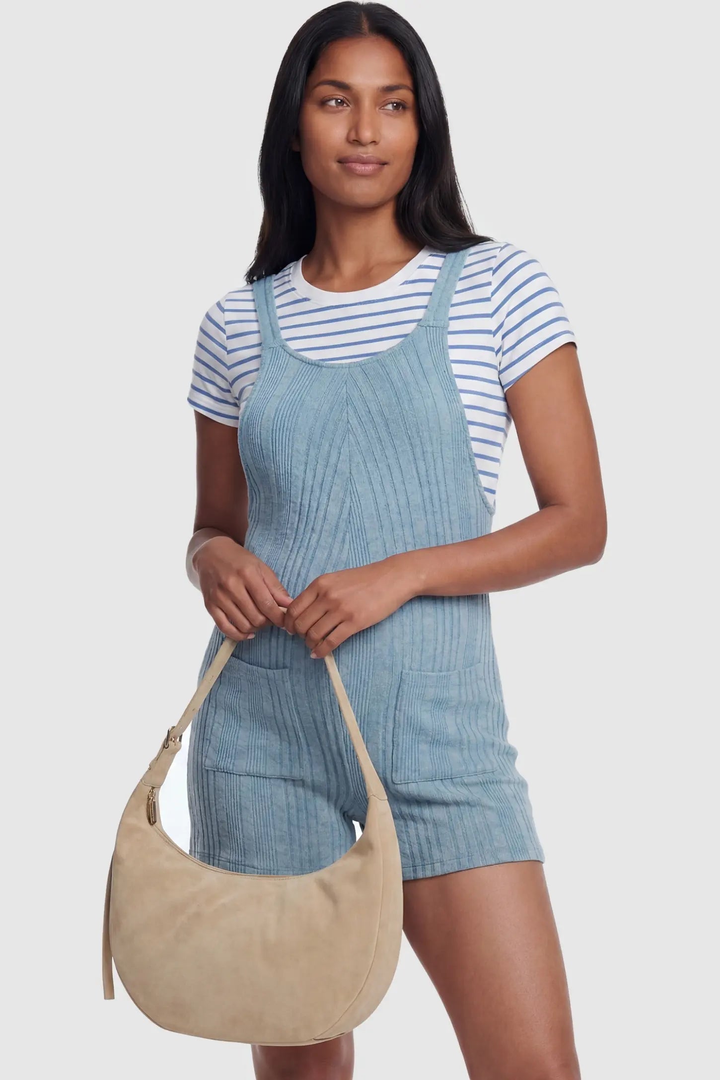 Ribbed Pocket Knit Maternity Romper Ribbed Pocket Knit Romper in Blue featuring a flattering ribbed silhouette on a non-pregnant model, front view.