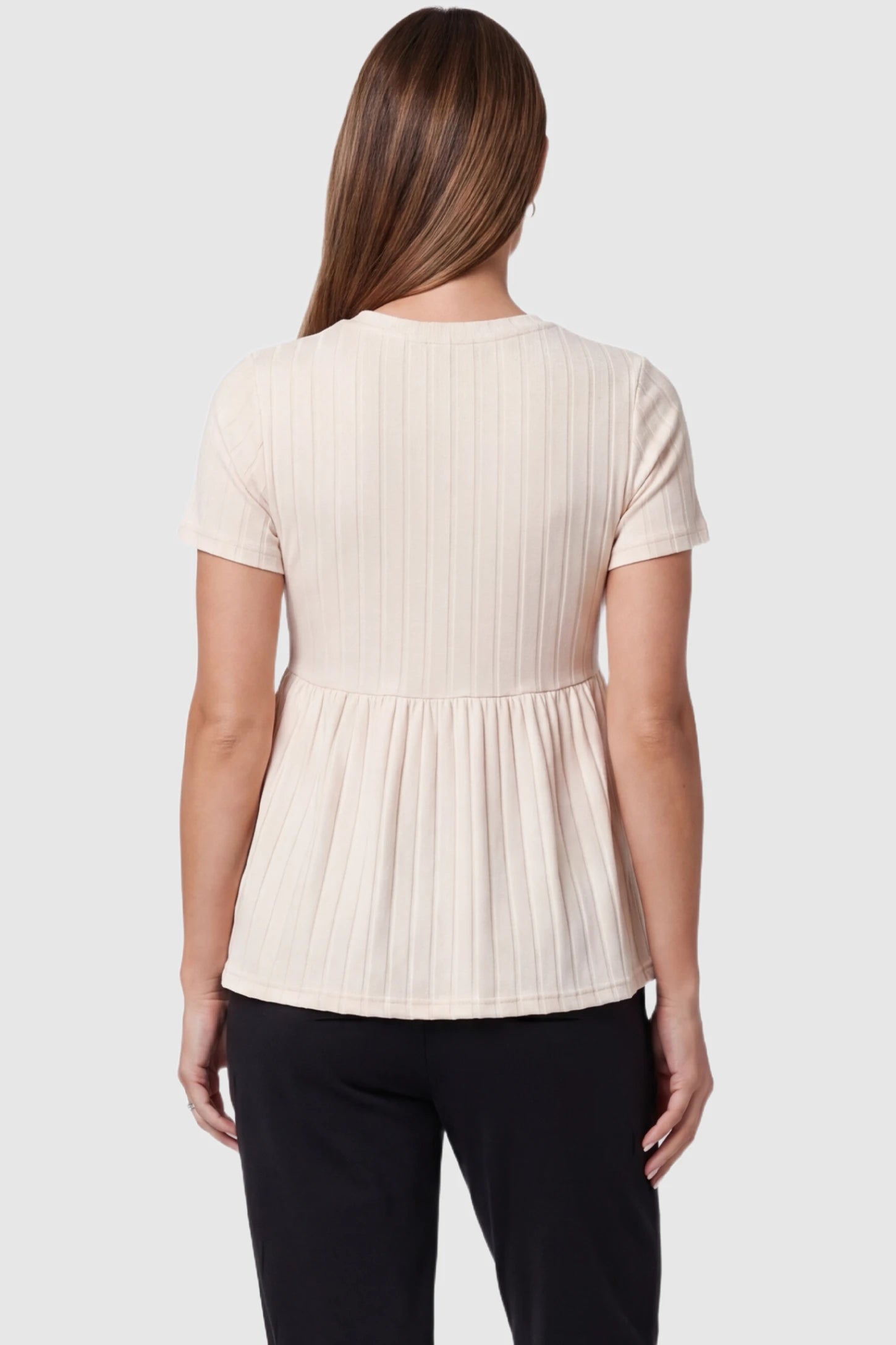Ribbed Round Neck Short Sleeve Maternity Top Ribbed Round Neck Short Sleeve Maternity Top in Beige featuring a soft knit stretch and short sleeves on a pregnant model, back view.