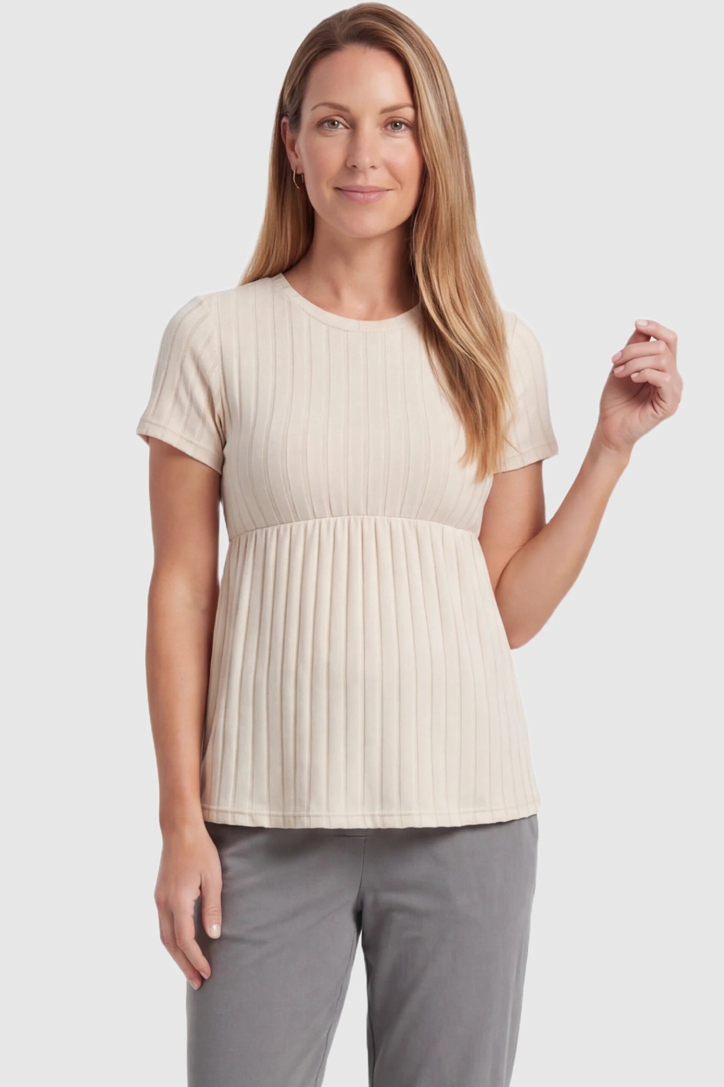 Ribbed Round Neck Short Sleeve Maternity Top Ribbed Round Neck Short Sleeve Maternity Top in Beige featuring a soft knit stretch and short sleeves on a postpartum model, front view.