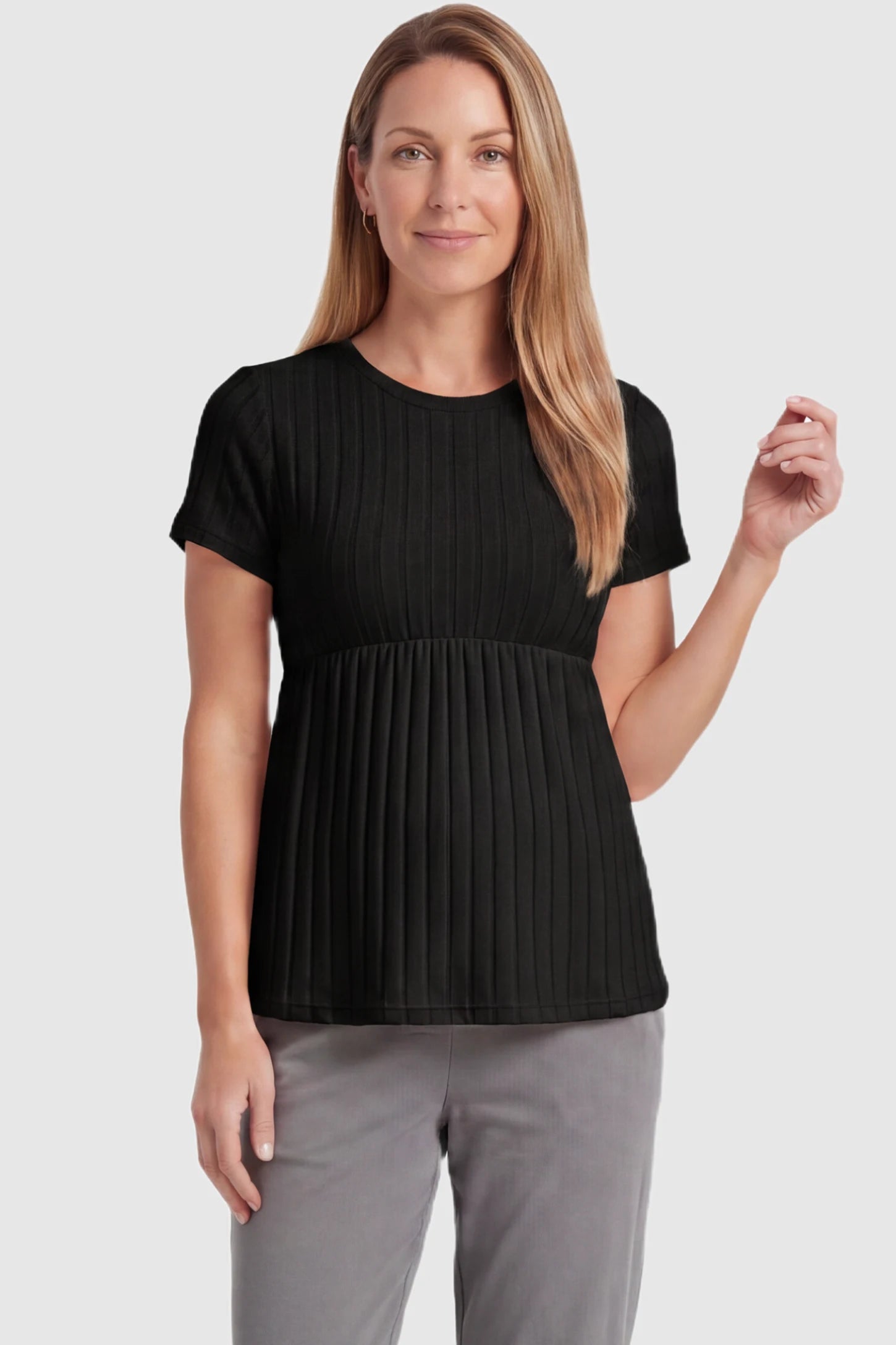 Ribbed Round Neck Short Sleeve Maternity Top Ribbed Round Neck Short Sleeve Maternity Top in Black featuring a soft knit stretch and short sleeves on a postpartum model, front view.