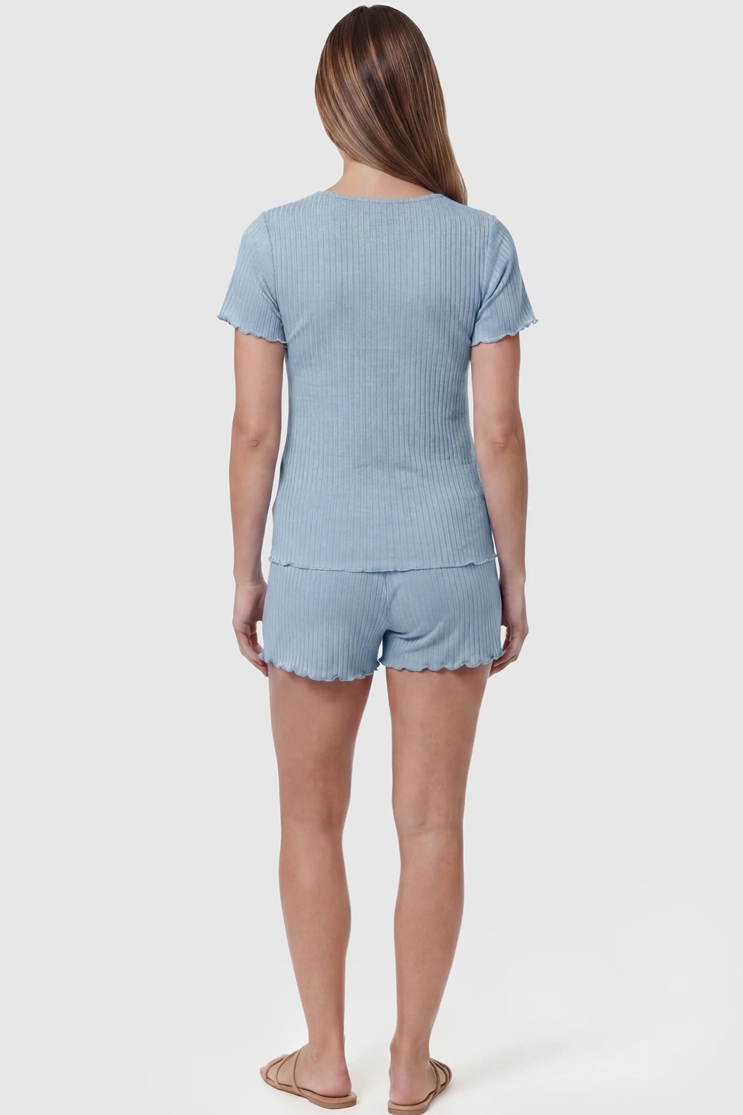 Ribbed Short Sleeve & Drawstring Shorts Maternity Pajama Set Ribbed Short Sleeve & Drawstring Shorts Maternity Pajama Set in Blue featuring soft fine-rib knit on a pregnant model, back view.