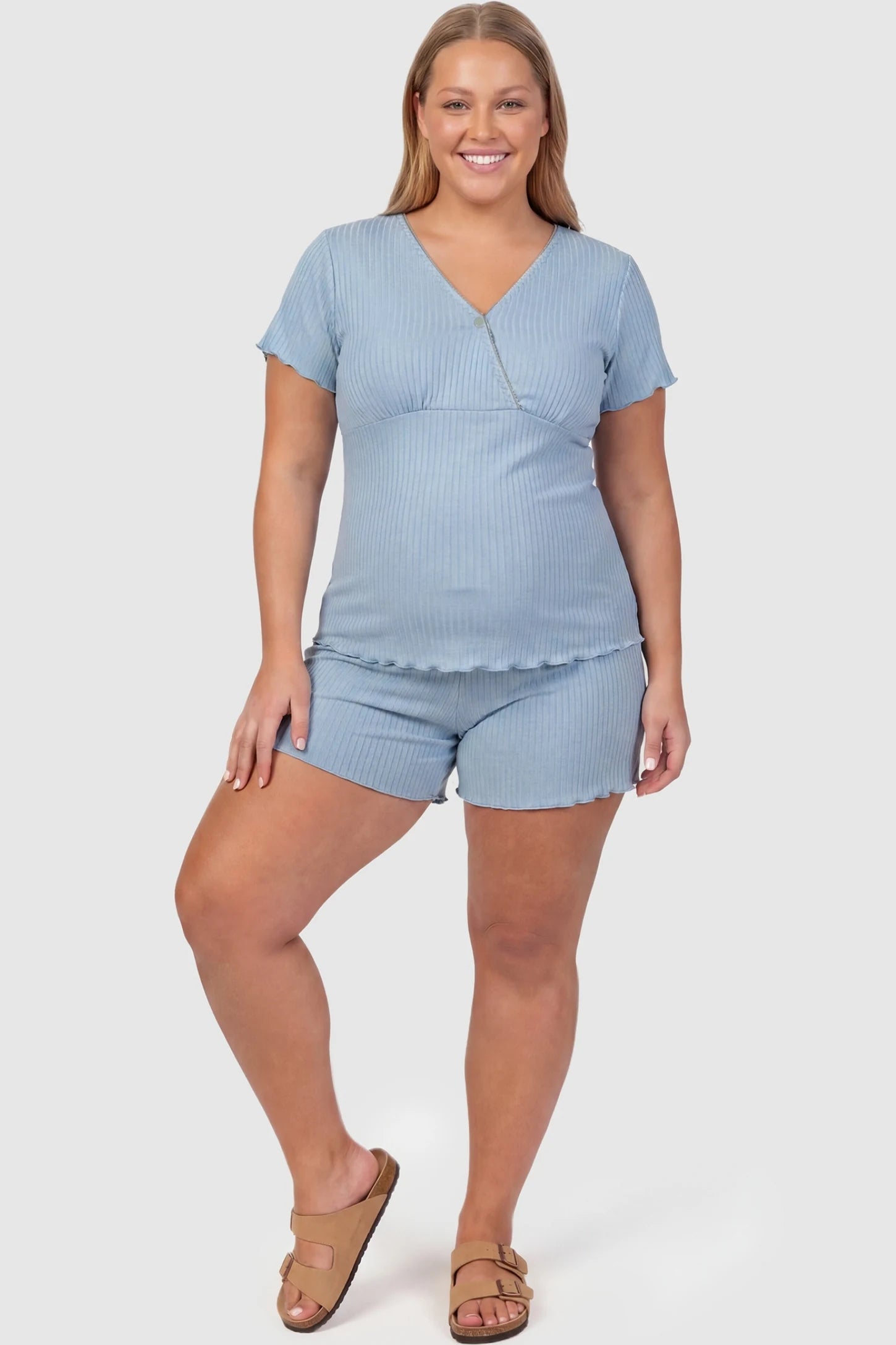 Ribbed Short Sleeve & Drawstring Shorts Maternity Pajama Set Ribbed Short Sleeve & Drawstring Shorts Maternity Pajama Set in Blue featuring soft fine-rib knit on a pregnant plus-size model, front view.