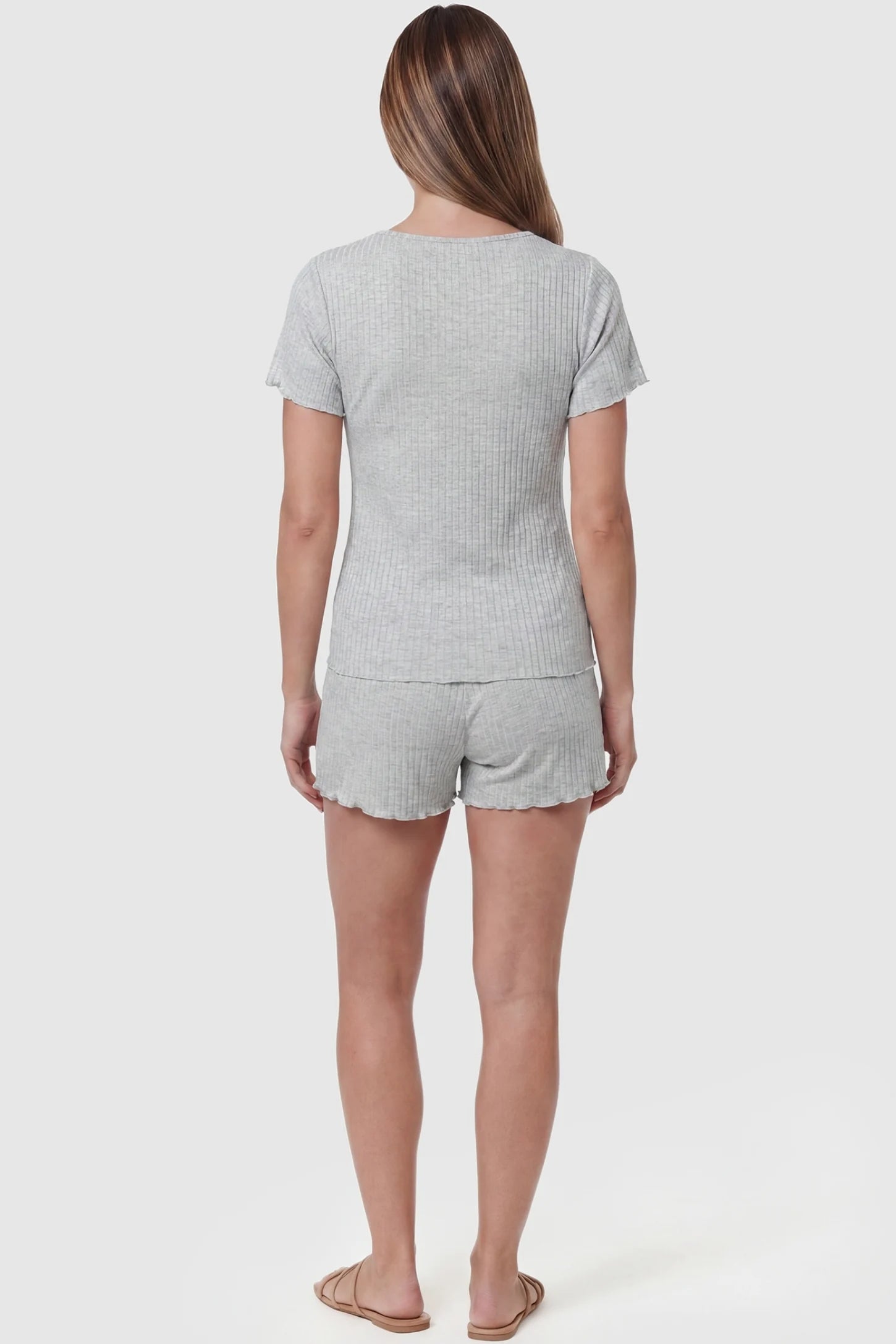 Ribbed Short Sleeve & Drawstring Shorts Maternity Pajama Set Ribbed Short Sleeve & Drawstring Shorts Maternity Pajama Set in Gray featuring soft fine-rib knit on a pregnant model, back view.