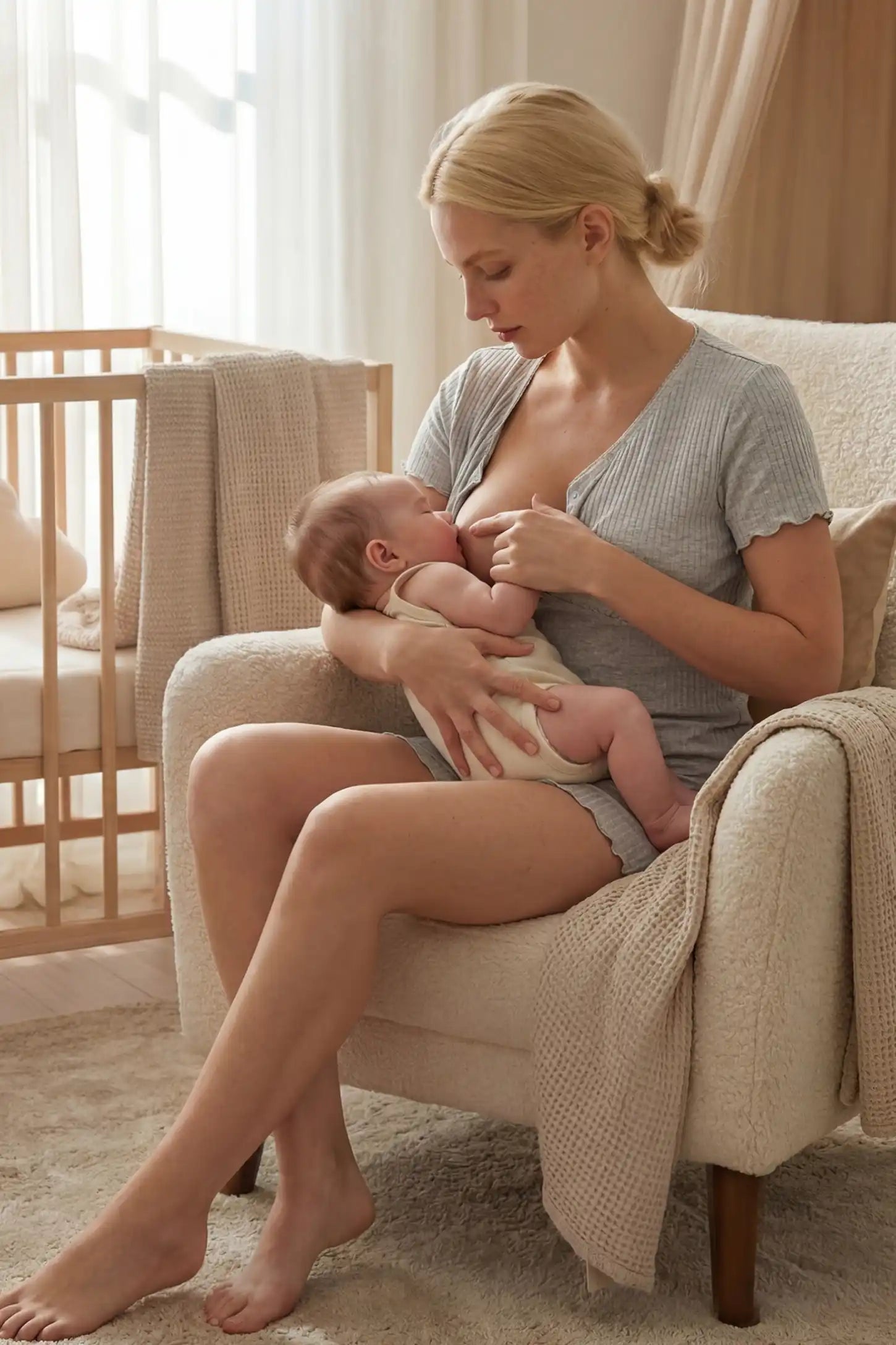 Ribbed Short Sleeve & Drawstring Shorts Maternity Pajama Set Ribbed Short Sleeve & Drawstring Shorts Maternity Pajama Set in Gray featuring soft fine-rib knit with clip-down nursing access on a postpartum model breastfeeding, lifestyle view.