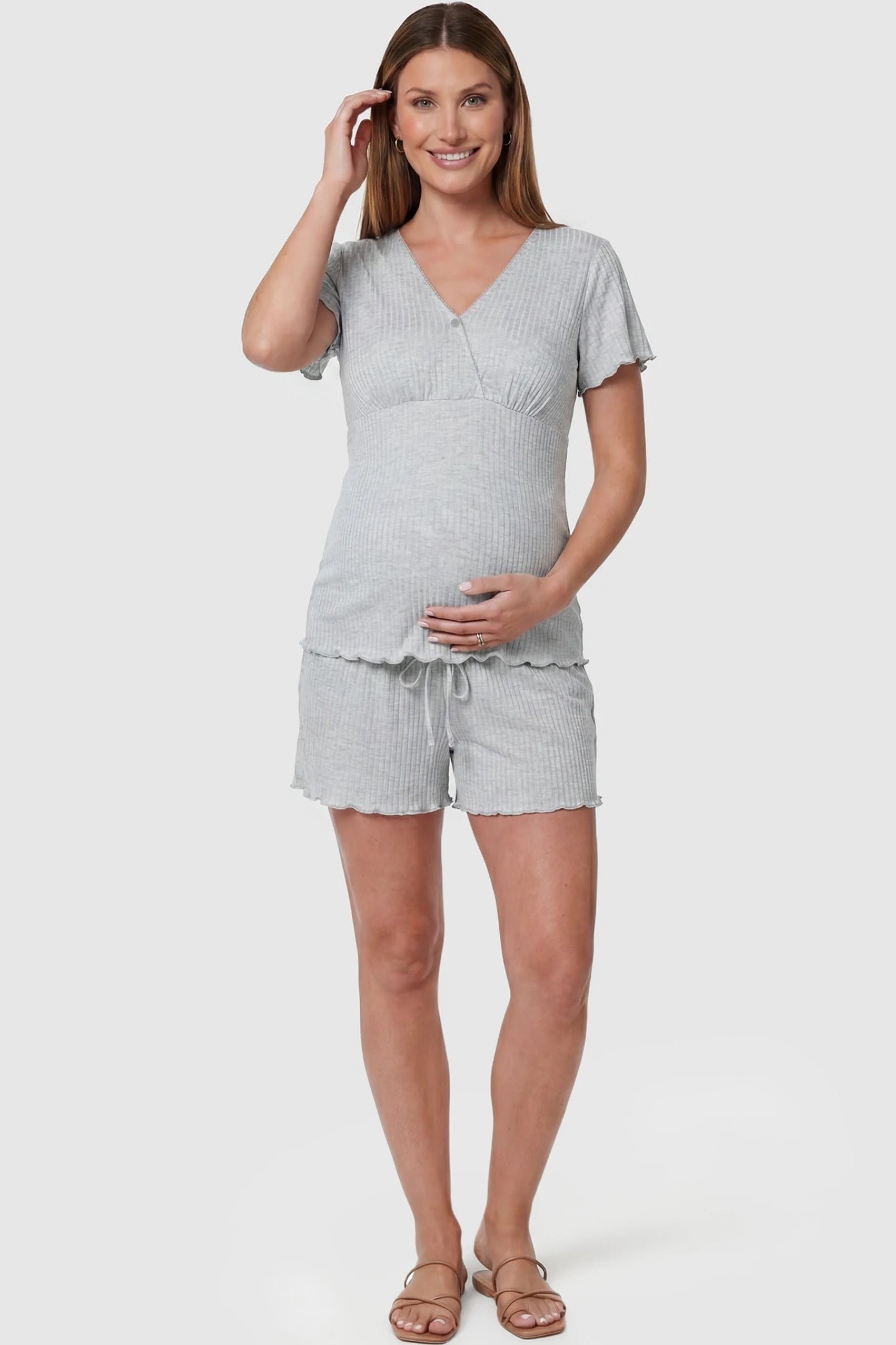 Ribbed Short Sleeve & Drawstring Shorts Maternity Pajama Set Ribbed Short Sleeve & Drawstring Shorts Maternity Pajama Set in Gray featuring soft fine-rib knit on a pregnant model, front view.
