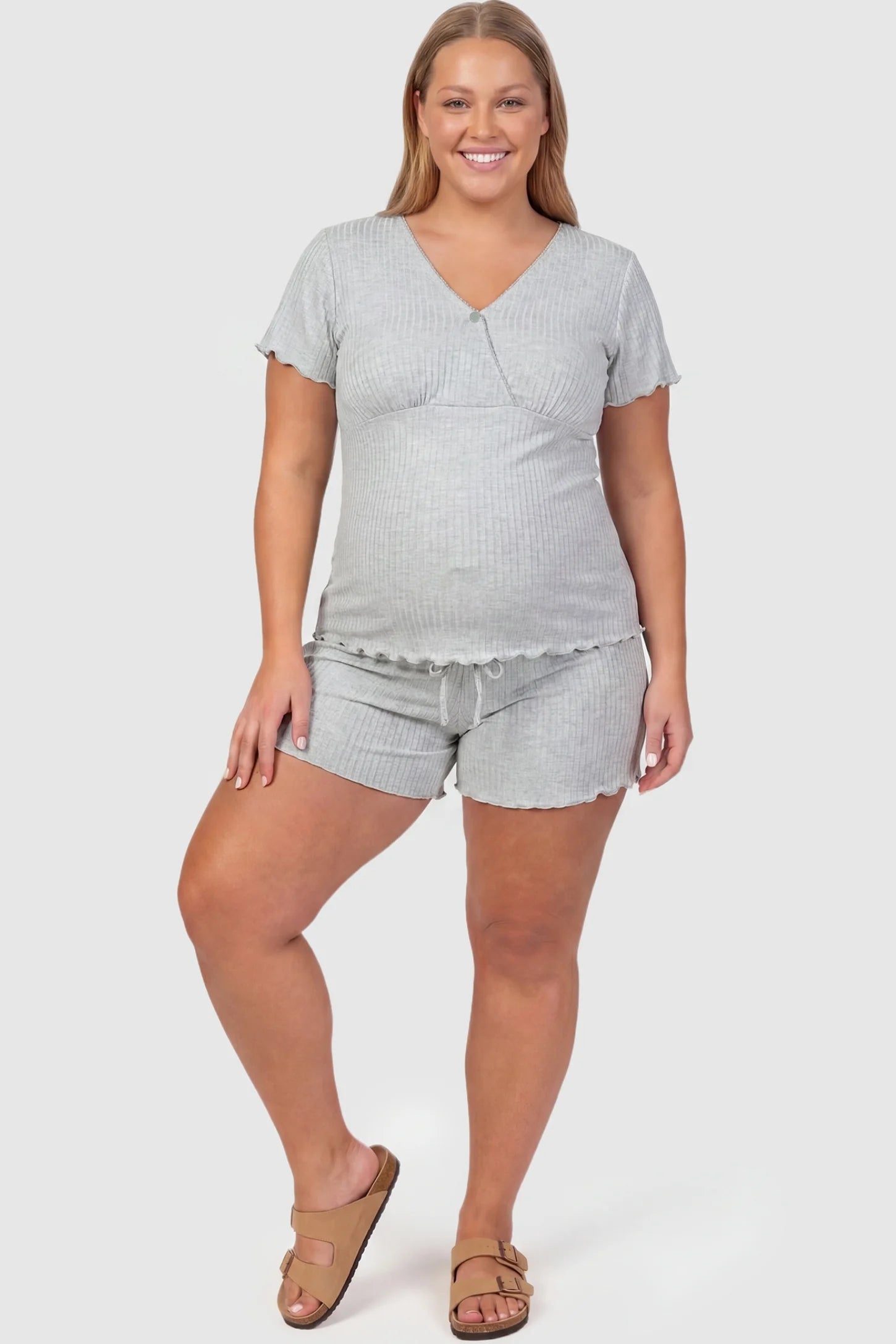 Ribbed Short Sleeve & Drawstring Shorts Maternity Pajama Set Ribbed Short Sleeve & Drawstring Shorts Maternity Pajama Set in Gray featuring soft fine-rib knit on a pregnant plus-size model, front view.