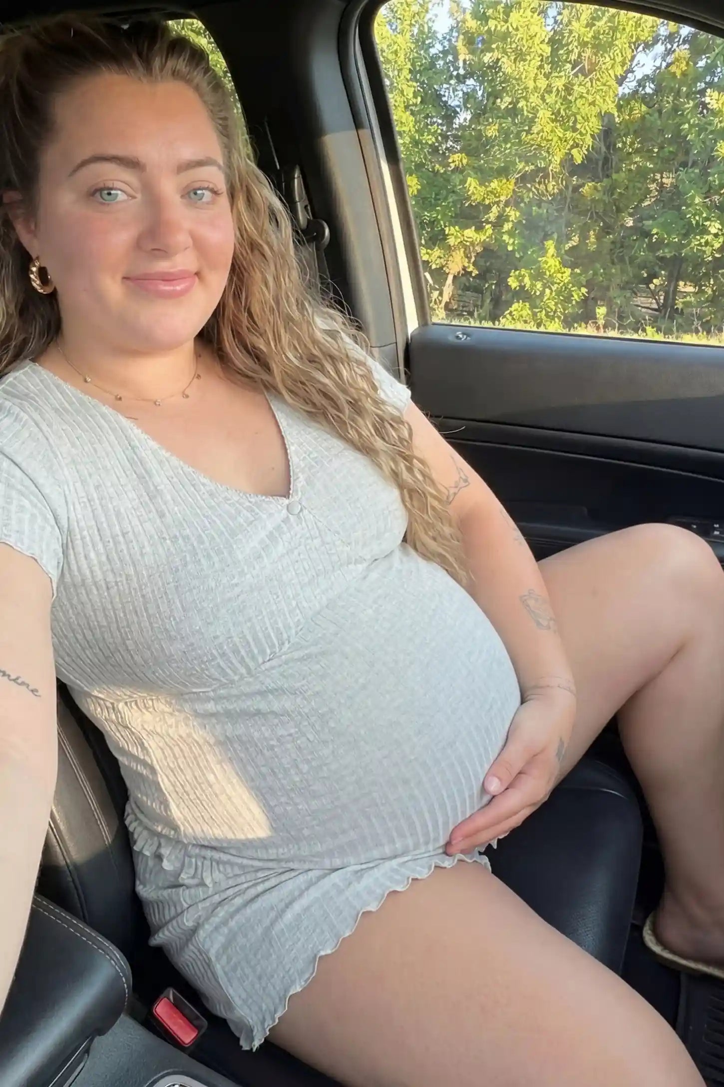 Ribbed Short Sleeve & Drawstring Shorts Maternity Pajama Set Ribbed Short Sleeve & Drawstring Shorts Maternity Pajama Set in Gray featuring soft fine-rib knit on a pregnant model, lifestyle view.
