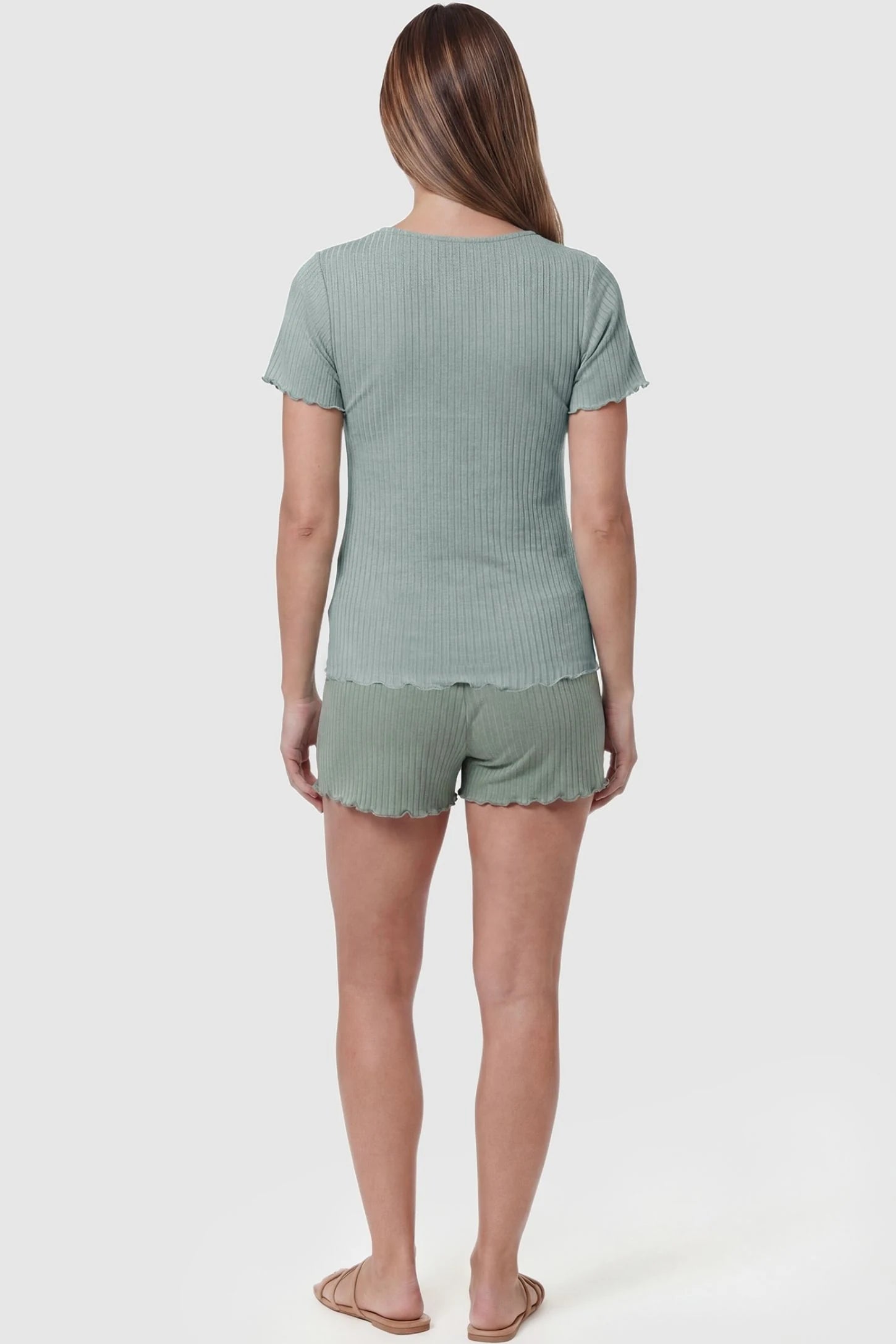Ribbed Short Sleeve & Drawstring Shorts Maternity Pajama Set Ribbed Short Sleeve & Drawstring Shorts Maternity Pajama Set in Green featuring a seamless ribbed knit finish on a pregnant model, back view.