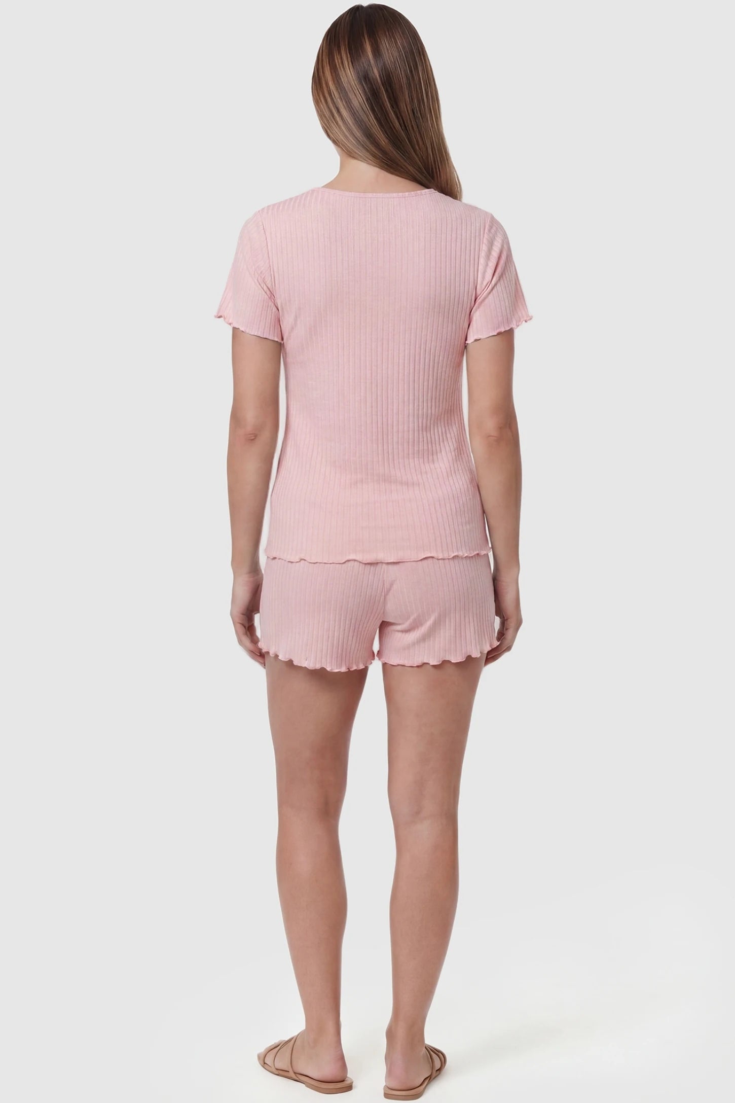 Ribbed Short Sleeve & Drawstring Shorts Maternity Pajama Set Ribbed Short Sleeve & Drawstring Shorts Maternity Pajama Set in Pink featuring soft fine-rib knit on a pregnant model, back view.