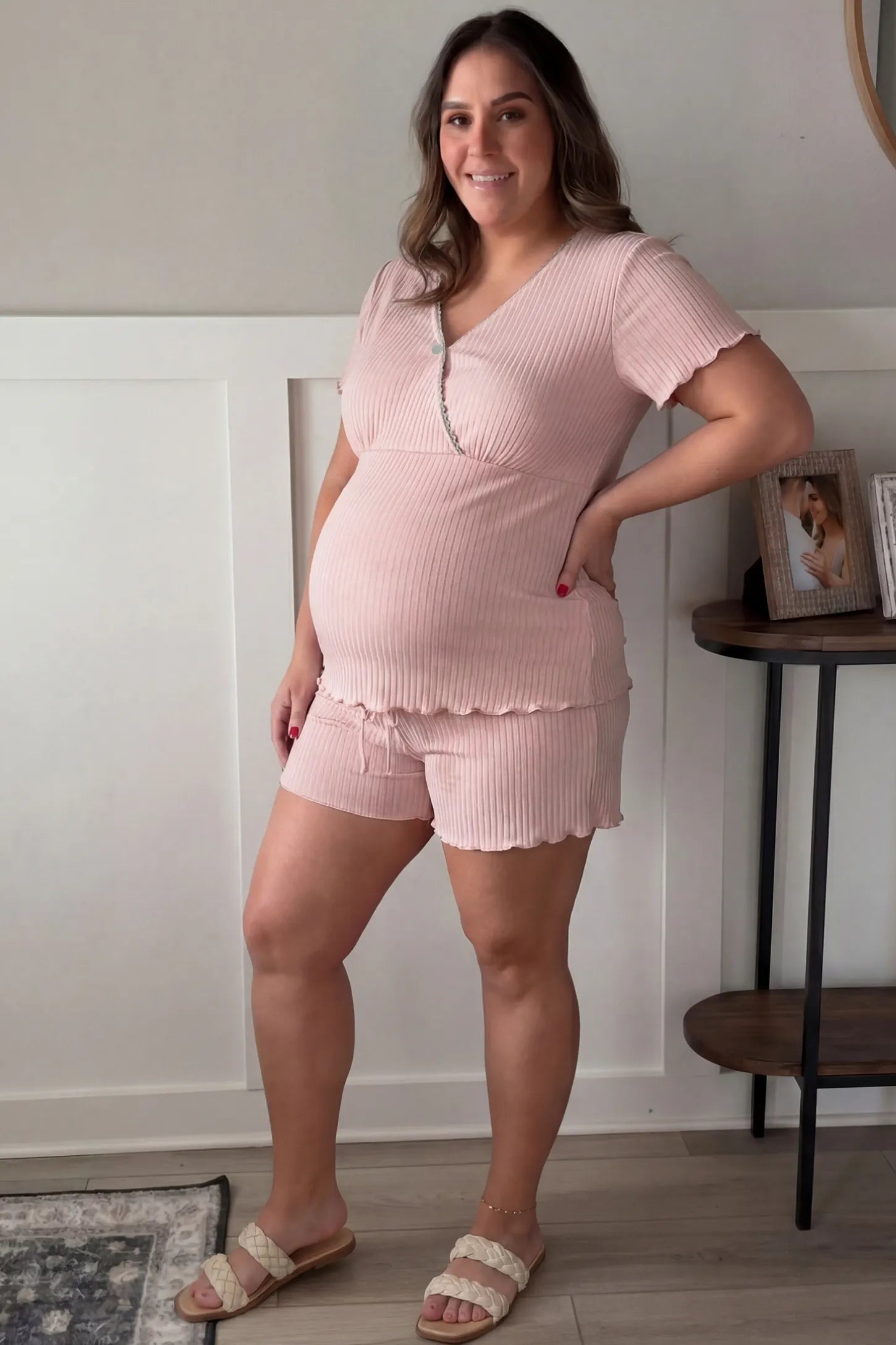 Ribbed Short Sleeve & Drawstring Shorts Maternity Pajama Set Ribbed Short Sleeve & Drawstring Shorts Maternity Pajama Set in Pink featuring soft fine-rib knit on a pregnant model, lifestyle view.