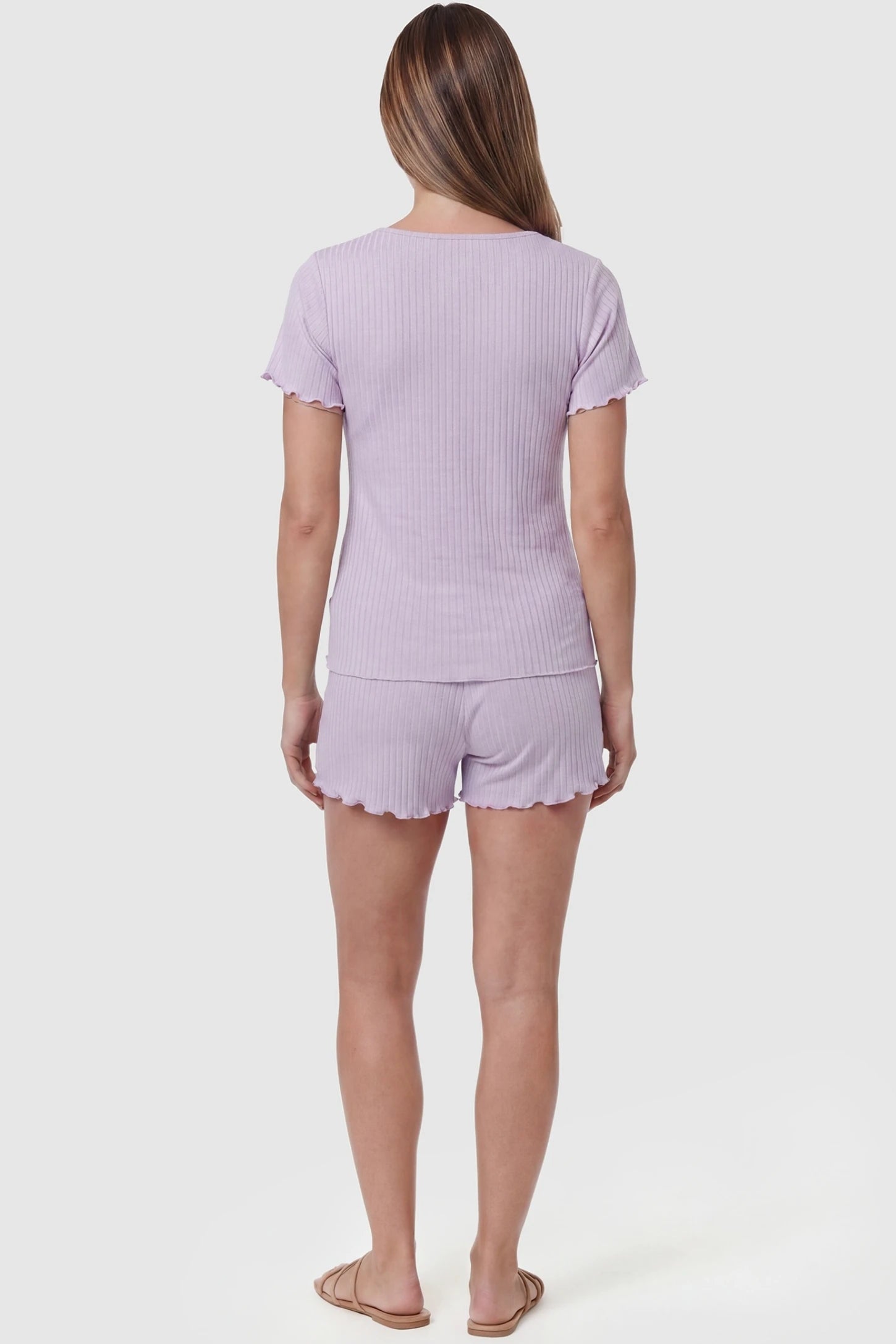 Ribbed Short Sleeve & Drawstring Shorts Maternity Pajama Set Ribbed Short Sleeve & Drawstring Shorts Maternity Pajama Set in Purple featuring soft fine-rib knit on a pregnant model, back view.