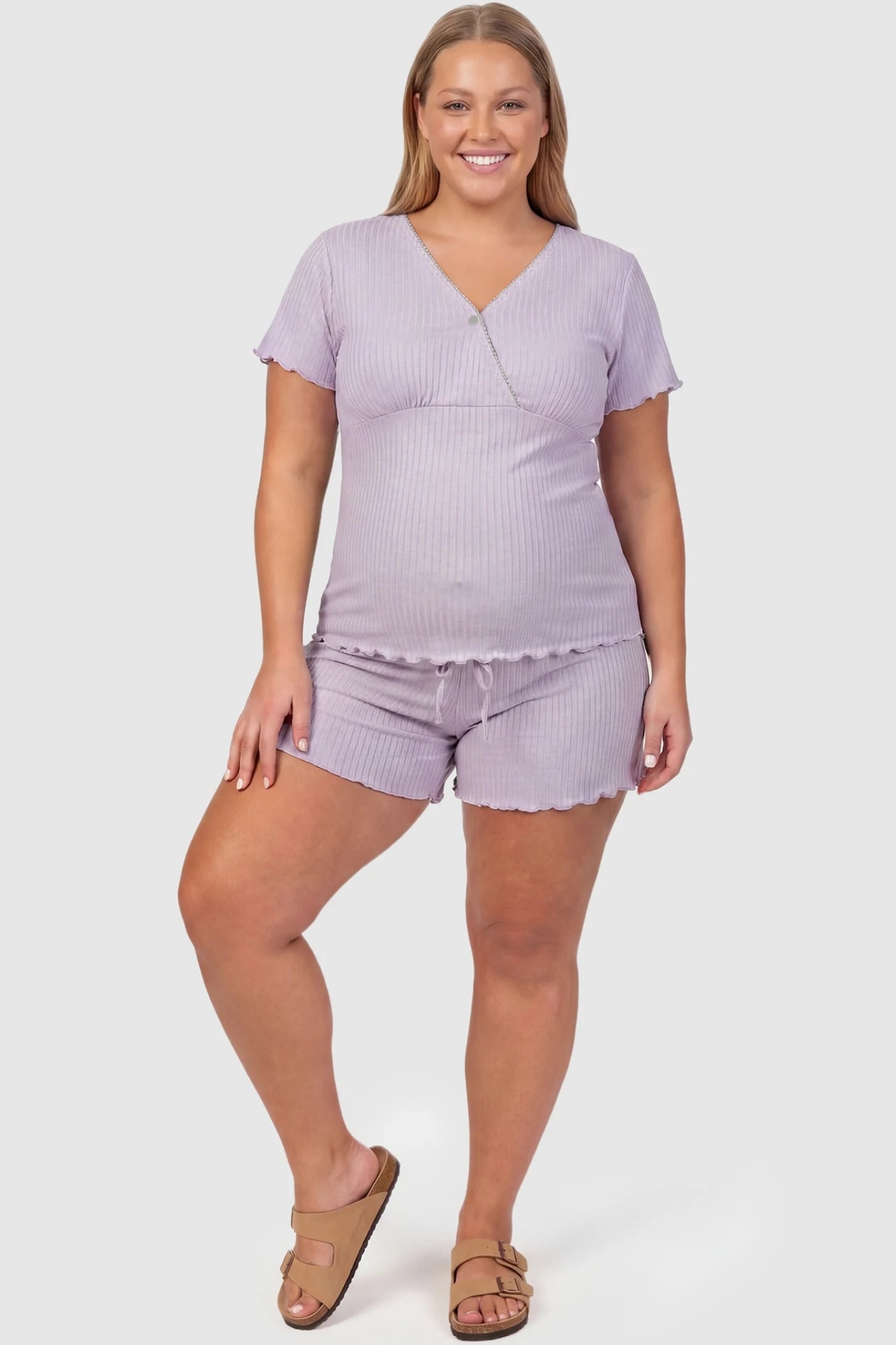Ribbed Short Sleeve & Drawstring Shorts Maternity Pajama Set Ribbed Short Sleeve & Drawstring Shorts Maternity Pajama Set in Purple featuring soft fine-rib knit on a pregnant plus-size model, front view.