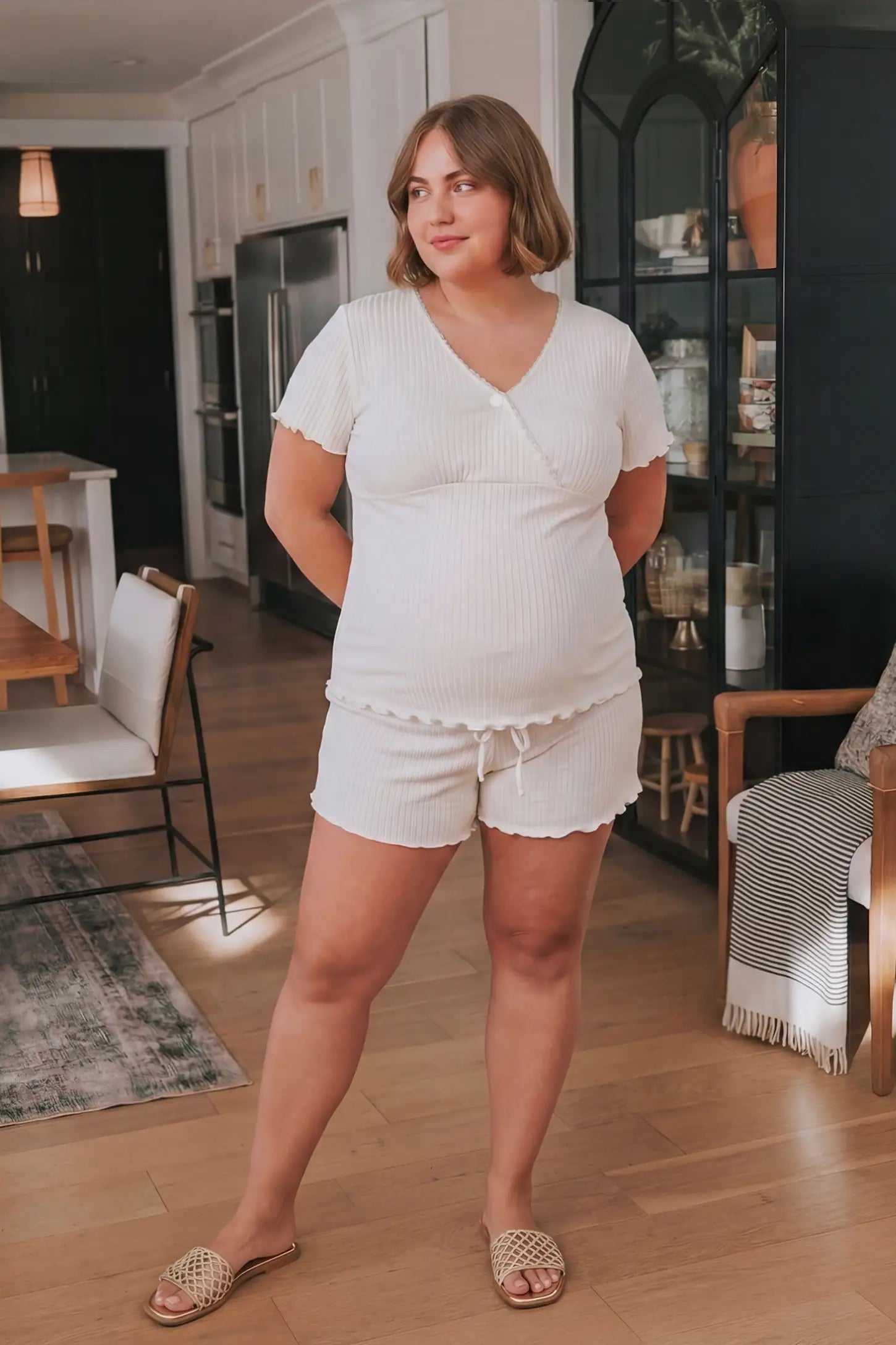 Ribbed Short Sleeve & Drawstring Shorts Maternity Pajama Set Ribbed Short Sleeve & Drawstring Shorts Maternity Pajama Set in White featuring soft fine-rib knit on a pregnant model, lifestyle view.
