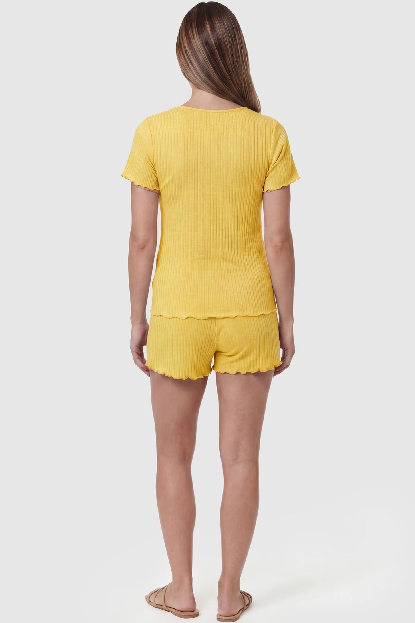 Ribbed Short Sleeve & Drawstring Shorts Maternity Pajama Set Ribbed Short Sleeve & Drawstring Shorts Maternity Pajama Set in Yellow featuring soft fine-rib knit on a pregnant model, back view.
