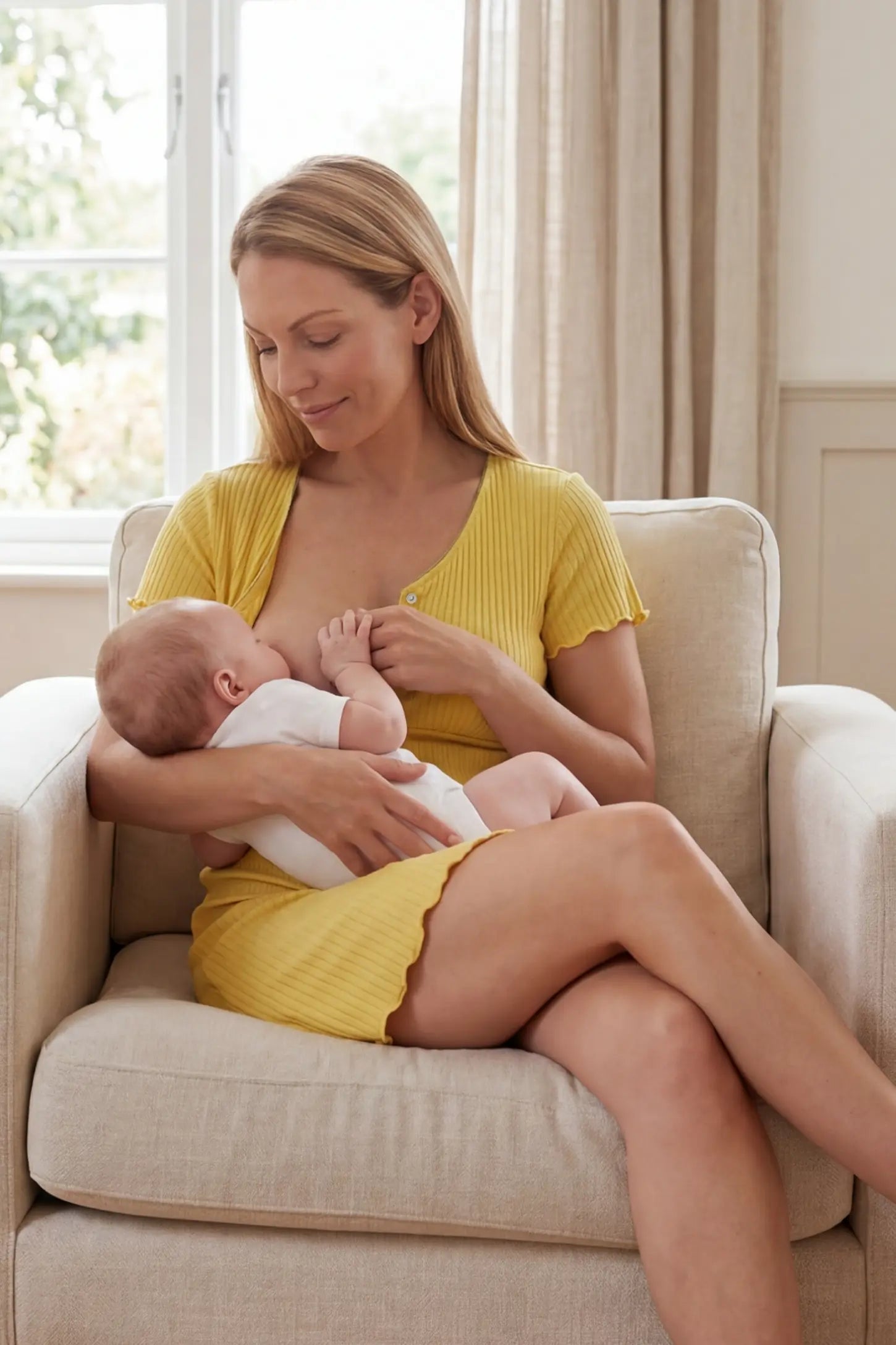 Ribbed Short Sleeve & Drawstring Shorts Maternity Pajama Set Ribbed Short Sleeve & Drawstring Shorts Maternity Pajama Set in Yellow featuring soft fine-rib knit with clip-down nursing access on a postpartum model breastfeeding, lifestyle view.