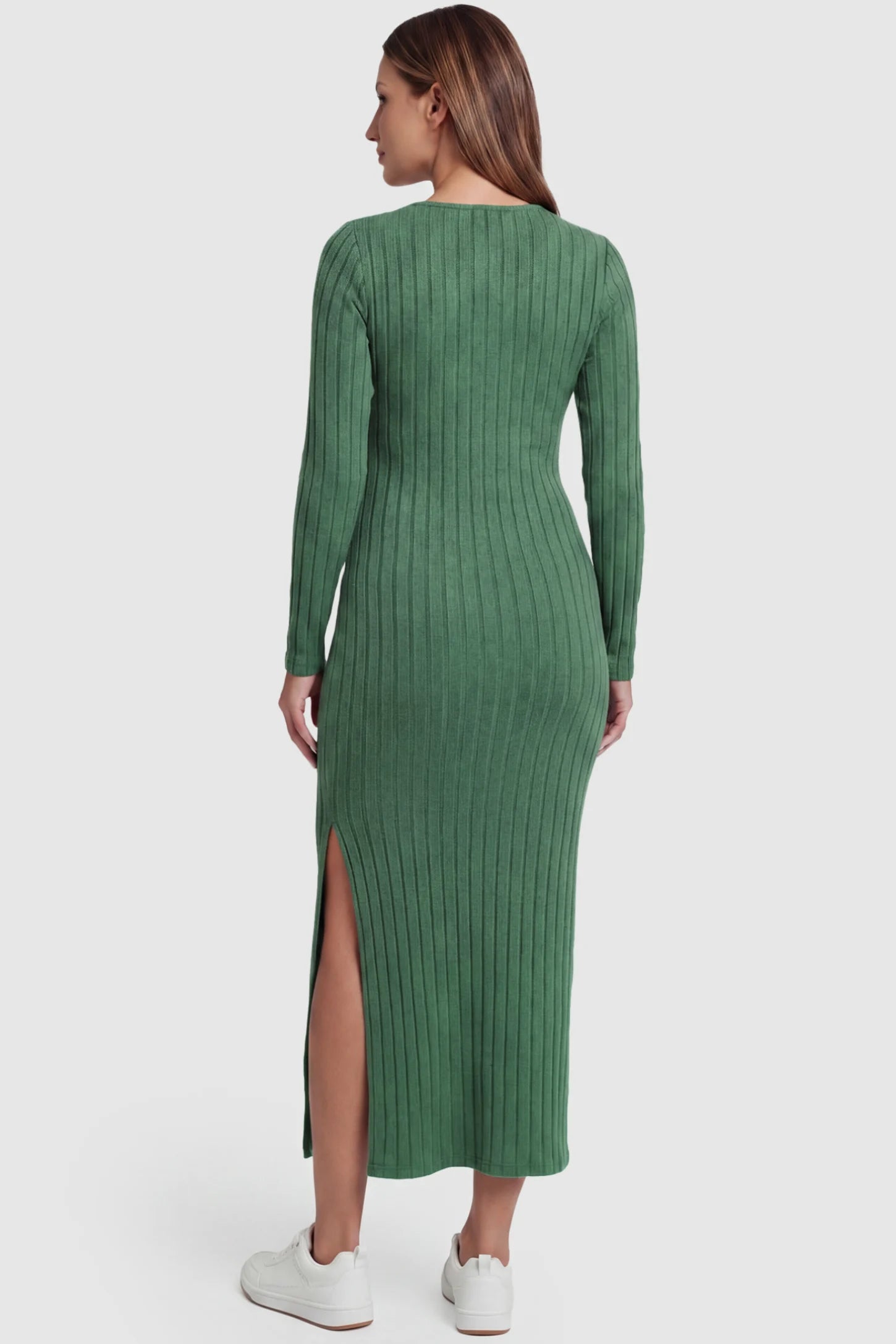 Ribbed Side Slit Fitted Long Sleeve Maternity Maxi Dress Ribbed Side Slit Fitted Long Sleeve Maternity Maxi Dress in Green featuring a high side slit on a pregnant model, back view.
