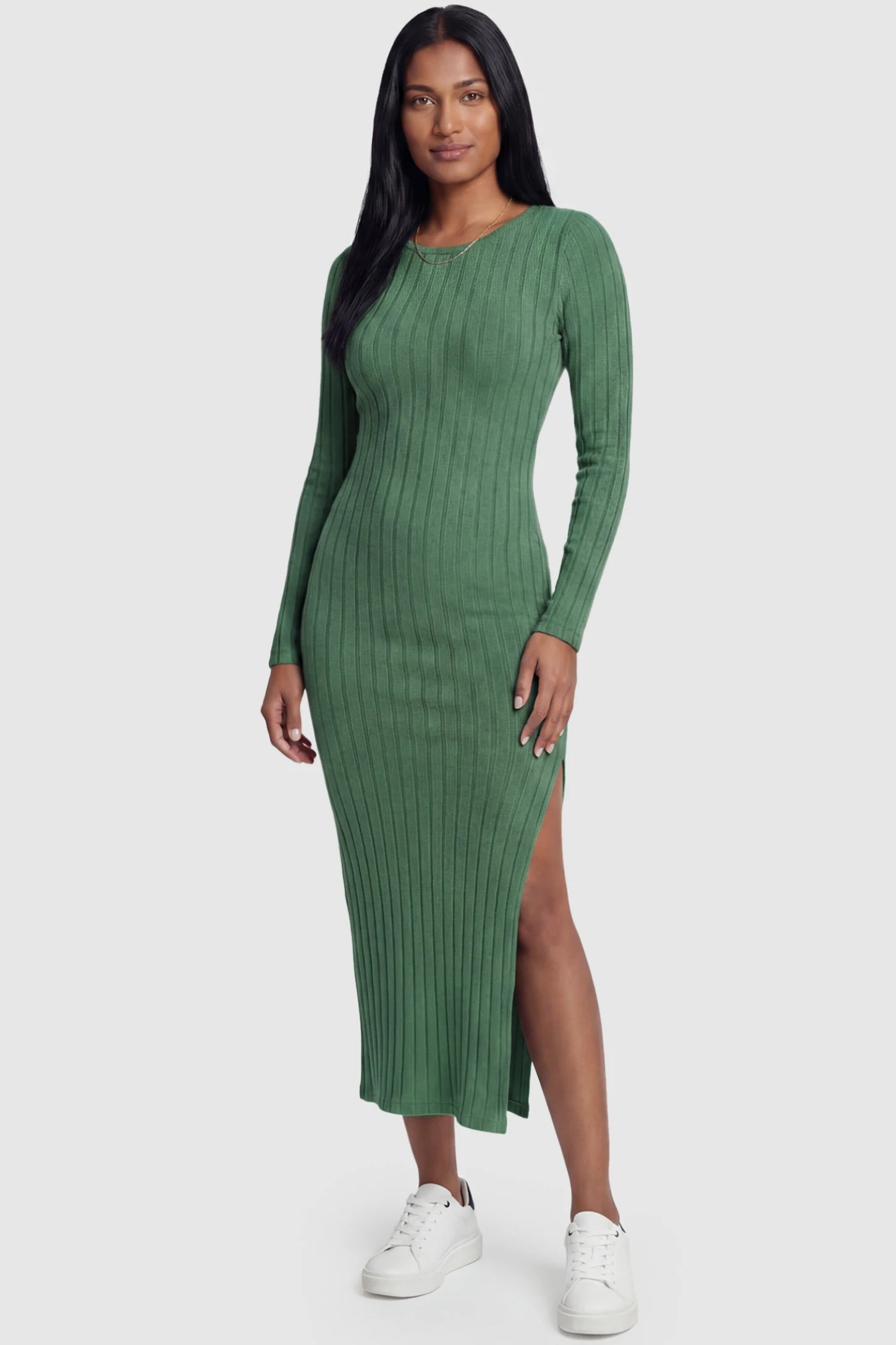 Ribbed Side Slit Fitted Long Sleeve Maternity Maxi Dress Ribbed Side Slit Fitted Long Sleeve Maternity Maxi Dress in Green featuring a high side slit on a postpartum model, front view.