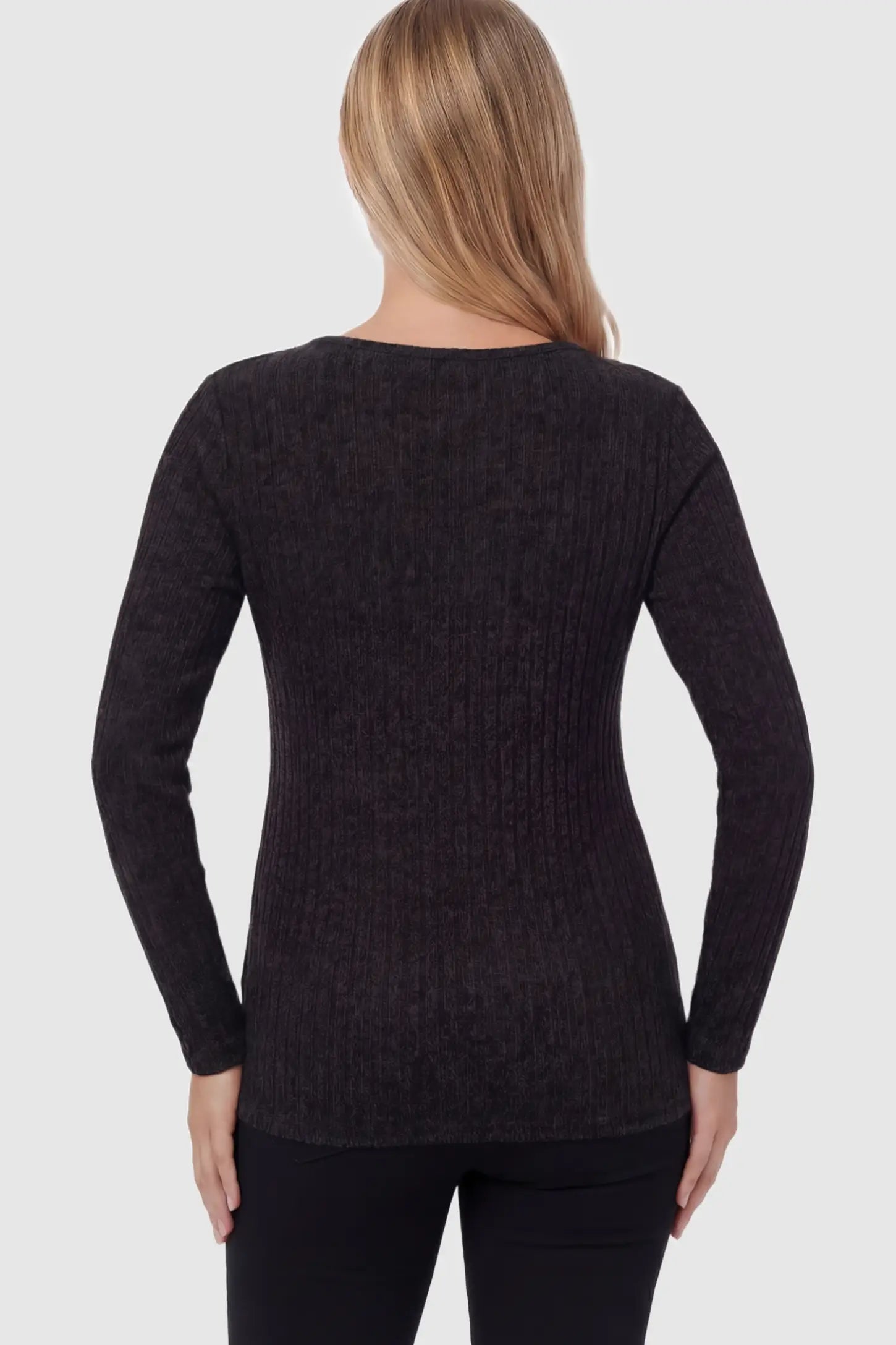 Ribbed Tie-Waist Long Sleeve Maternity Top Ribbed Tie-Waist Long Sleeve Maternity Top in Black featuring an adjustable waist on a pregnant model showing back.