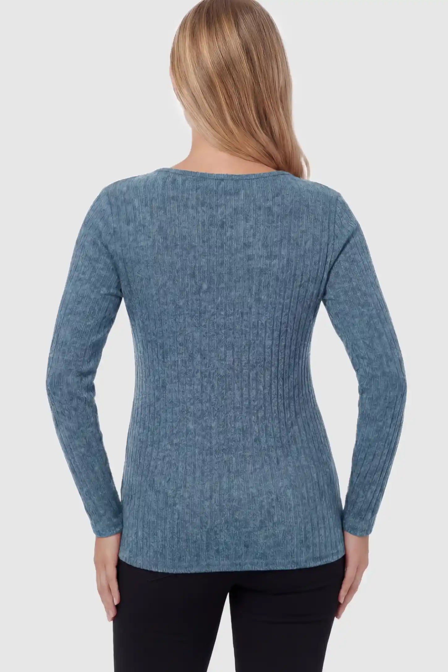 Ribbed Tie-Waist Long Sleeve Maternity Top Ribbed Tie-Waist Long Sleeve Maternity Top in blue featuring an adjustable waist on a pregnant model showing back.
