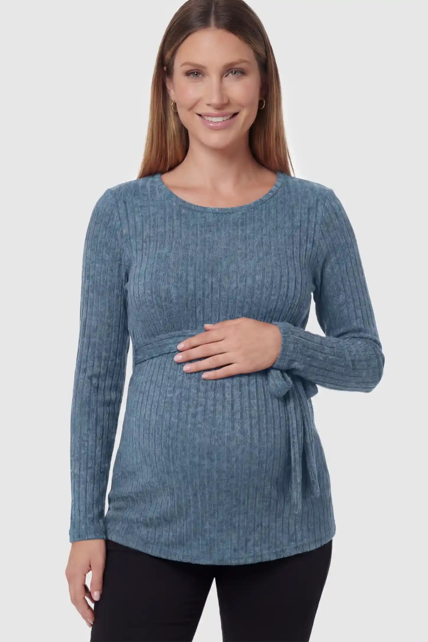 Ribbed Tie-Waist Long Sleeve Maternity Top Ribbed Tie-Waist Long Sleeve Maternity Top in blue featuring an adjustable waist on a pregnant model showing front.