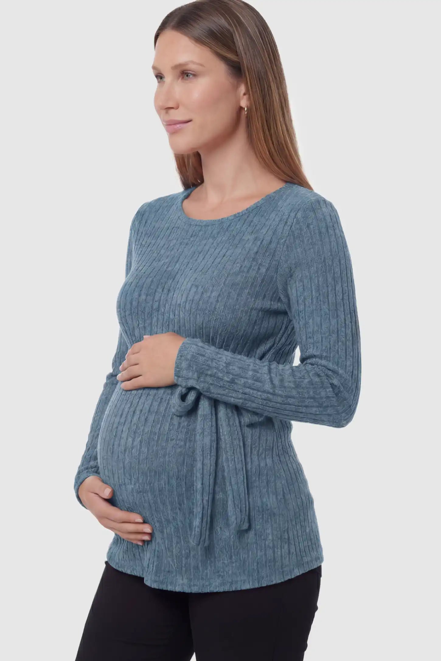 Ribbed Tie-Waist Long Sleeve Maternity Top Ribbed Tie-Waist Long Sleeve Maternity Top in blue featuring an adjustable waist on a pregnant model showing side.