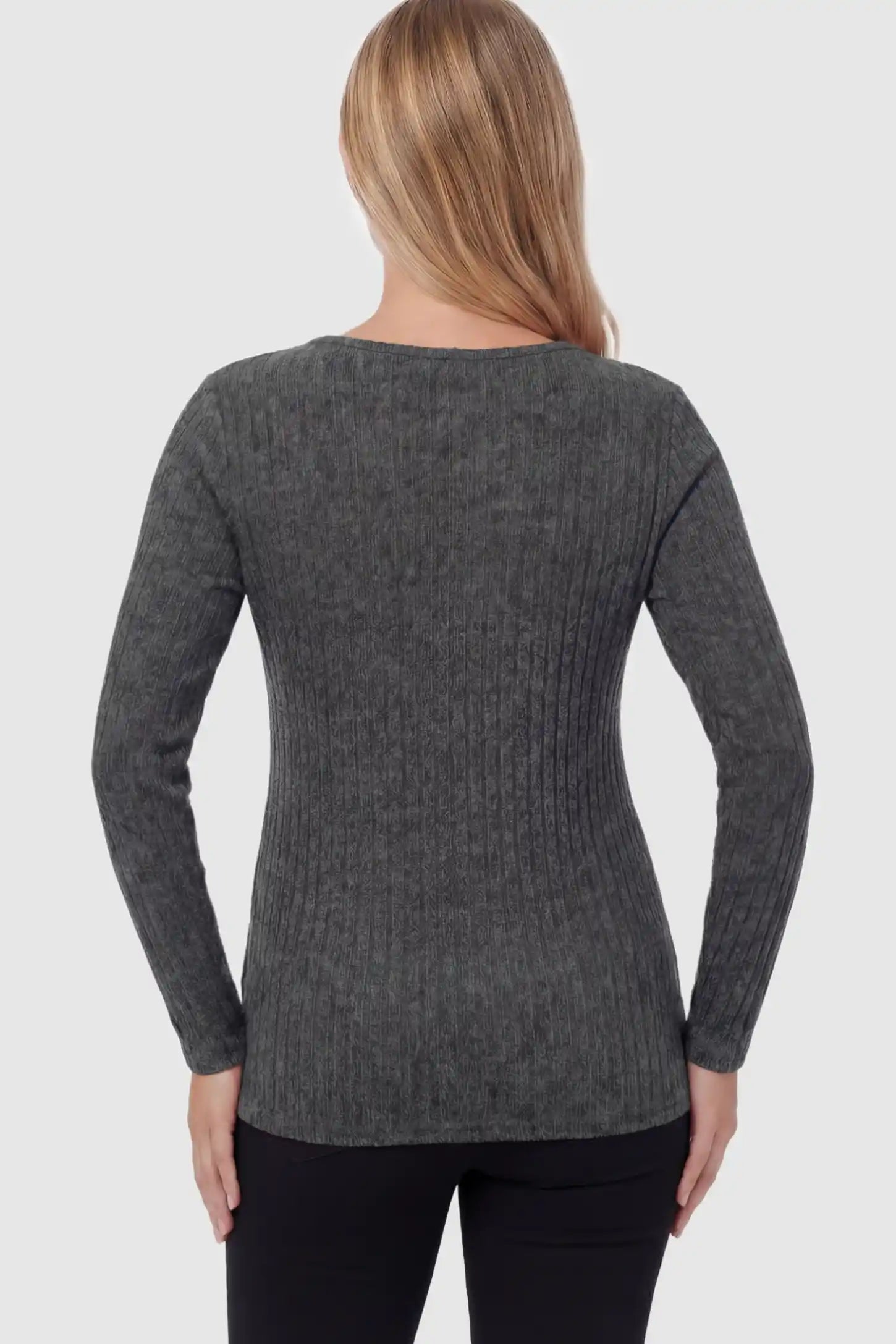 Ribbed Tie-Waist Long Sleeve Maternity Top Ribbed Tie-Waist Long Sleeve Maternity Top in gray featuring an adjustable waist on a pregnant model showing back.