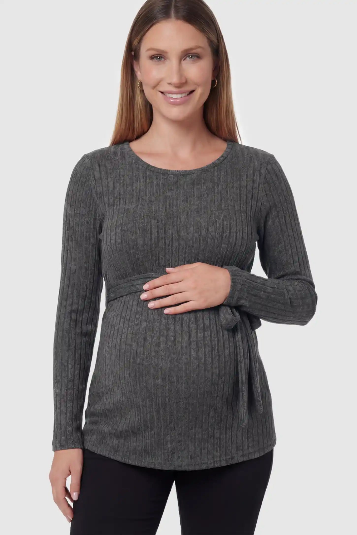 Ribbed Tie-Waist Long Sleeve Maternity Top Ribbed Tie-Waist Long Sleeve Maternity Top in gray featuring an adjustable waist on a pregnant model showing front.