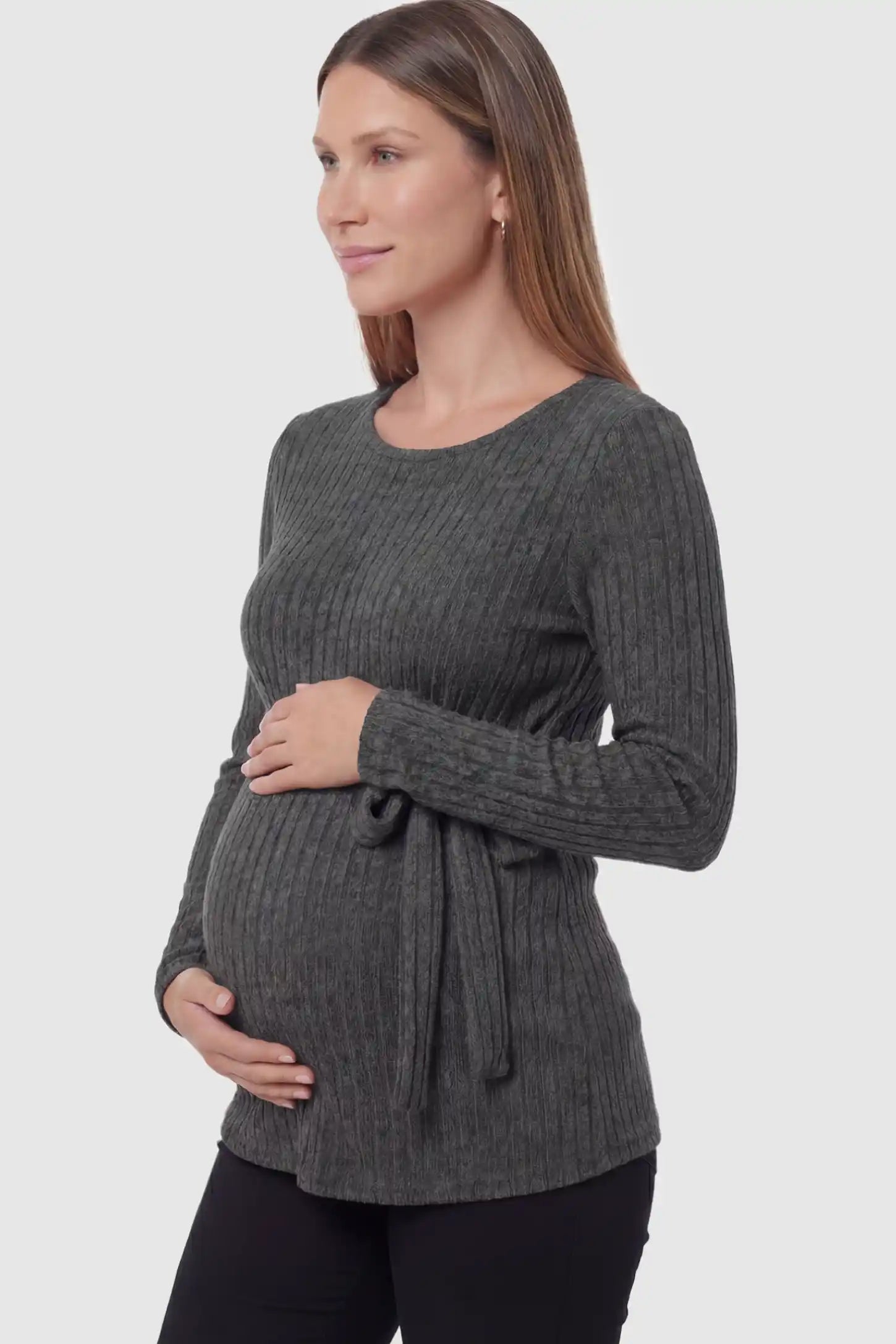 Ribbed Tie-Waist Long Sleeve Maternity Top Ribbed Tie-Waist Long Sleeve Maternity Top in gray featuring an adjustable waist on a pregnant model showing side.
