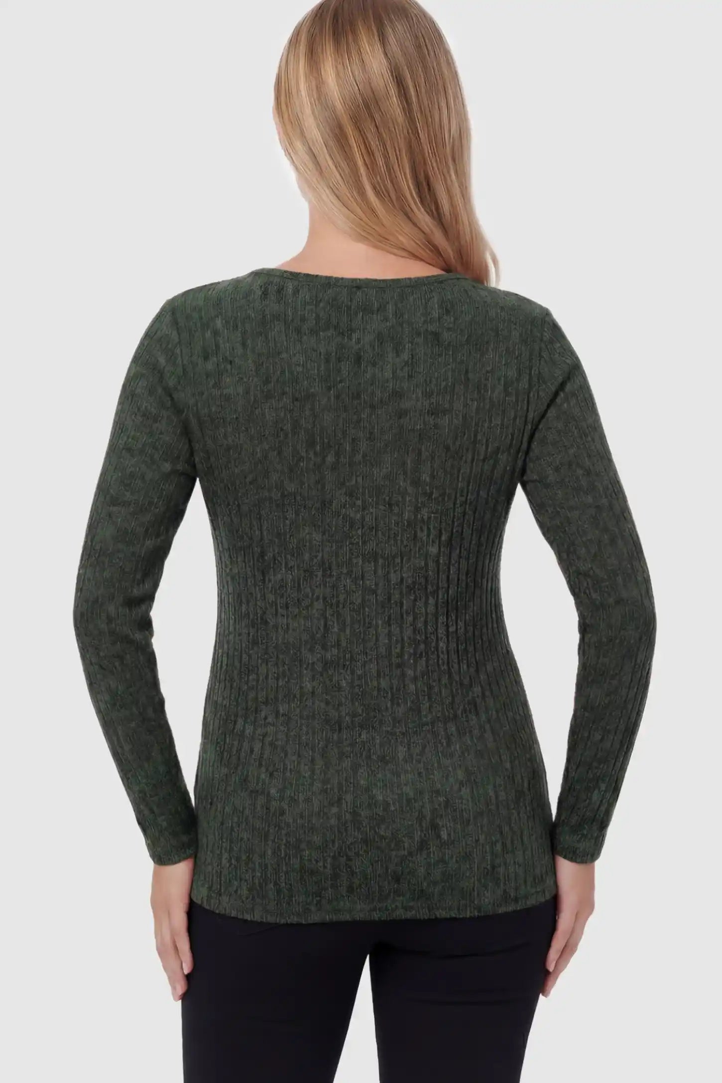 Ribbed Tie-Waist Long Sleeve Maternity Top Ribbed Tie-Waist Long Sleeve Maternity Top in green featuring an adjustable waist on a pregnant model showing back.