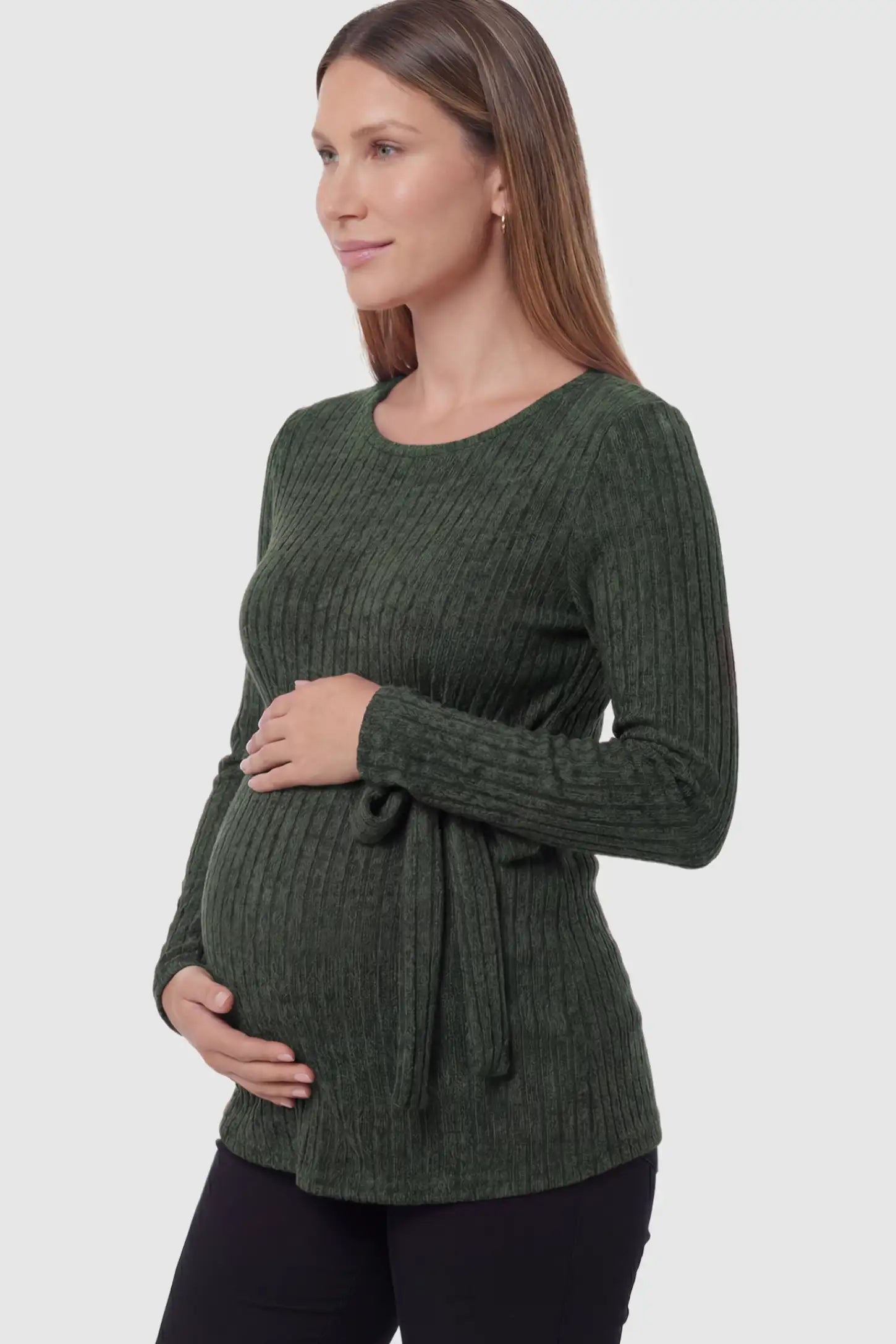 Ribbed Tie-Waist Long Sleeve Maternity Top Ribbed Tie-Waist Long Sleeve Maternity Top in green featuring an adjustable waist on a pregnant model showing side.