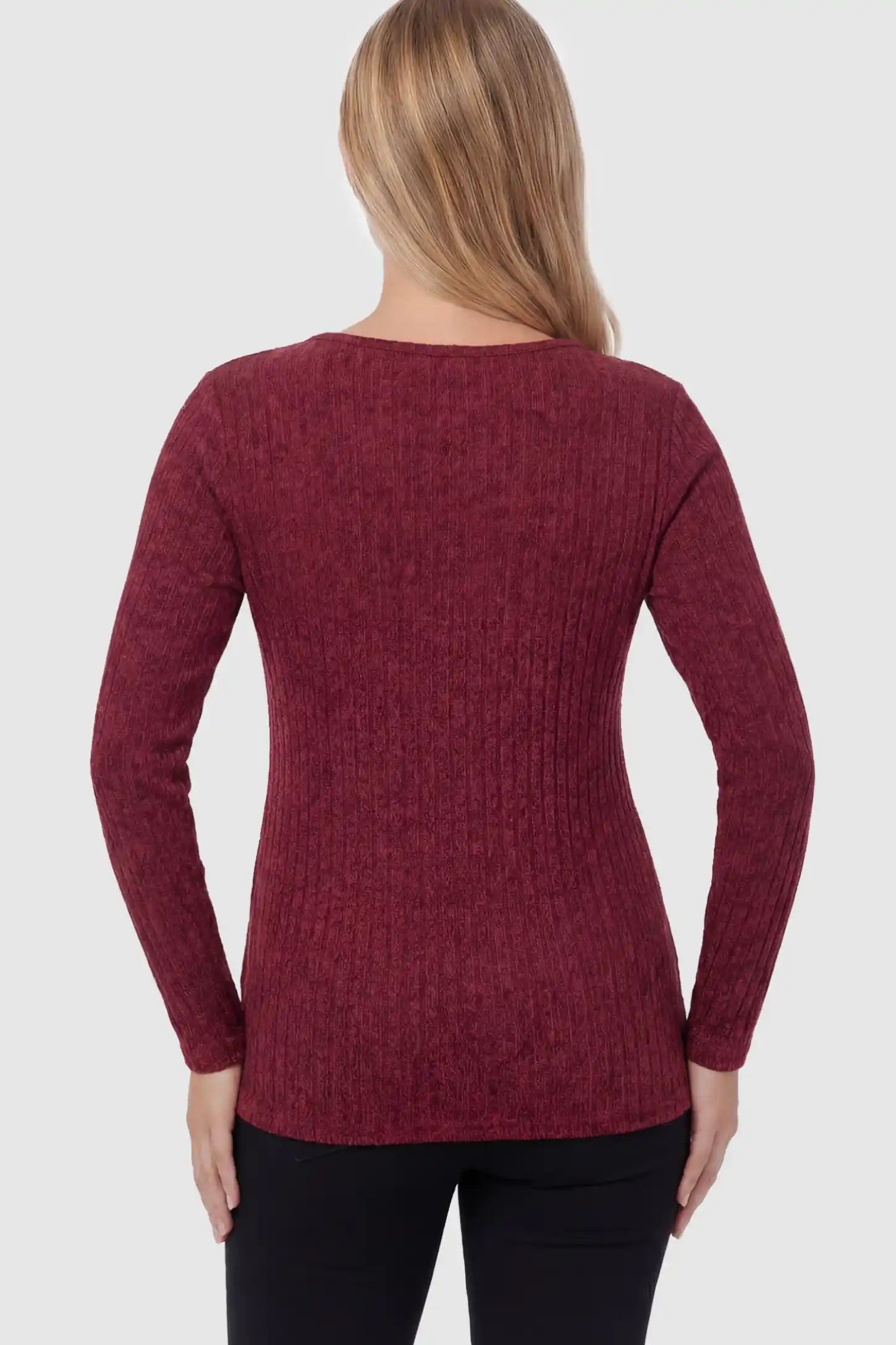 Ribbed Tie-Waist Long Sleeve Maternity Top Ribbed Tie-Waist Long Sleeve Maternity Top in red featuring an adjustable waist on a pregnant model showing back.